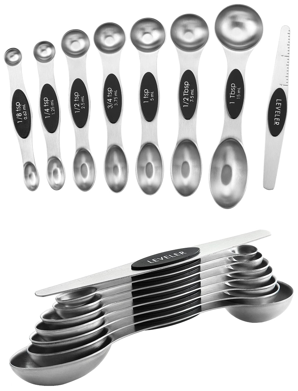 Spring Chef Stainless Steel Magnetic Measuring Spoons Set with Strong N45 Magnets, Heavy Duty Metal Kitchen Gadgets for Baking & Cooking, Fits in Most Kitchen Spice Jars, Set of 8 with Leveler, Black