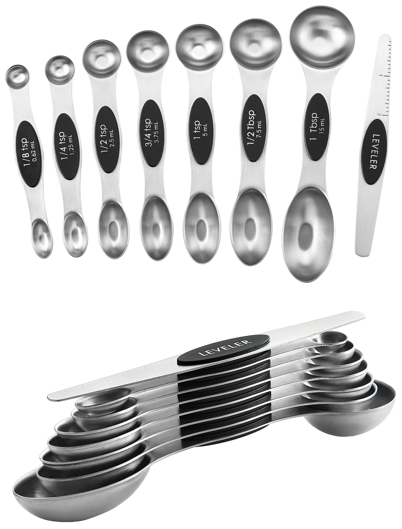 Spring Chef Stainless Steel Magnetic Measuring Spoons Set with Strong N45 Magnets, Heavy Duty Metal Kitchen Gadgets for Baking & Cooking, Fits in Most Kitchen Spice Jars, Set of 8 with Leveler, Black