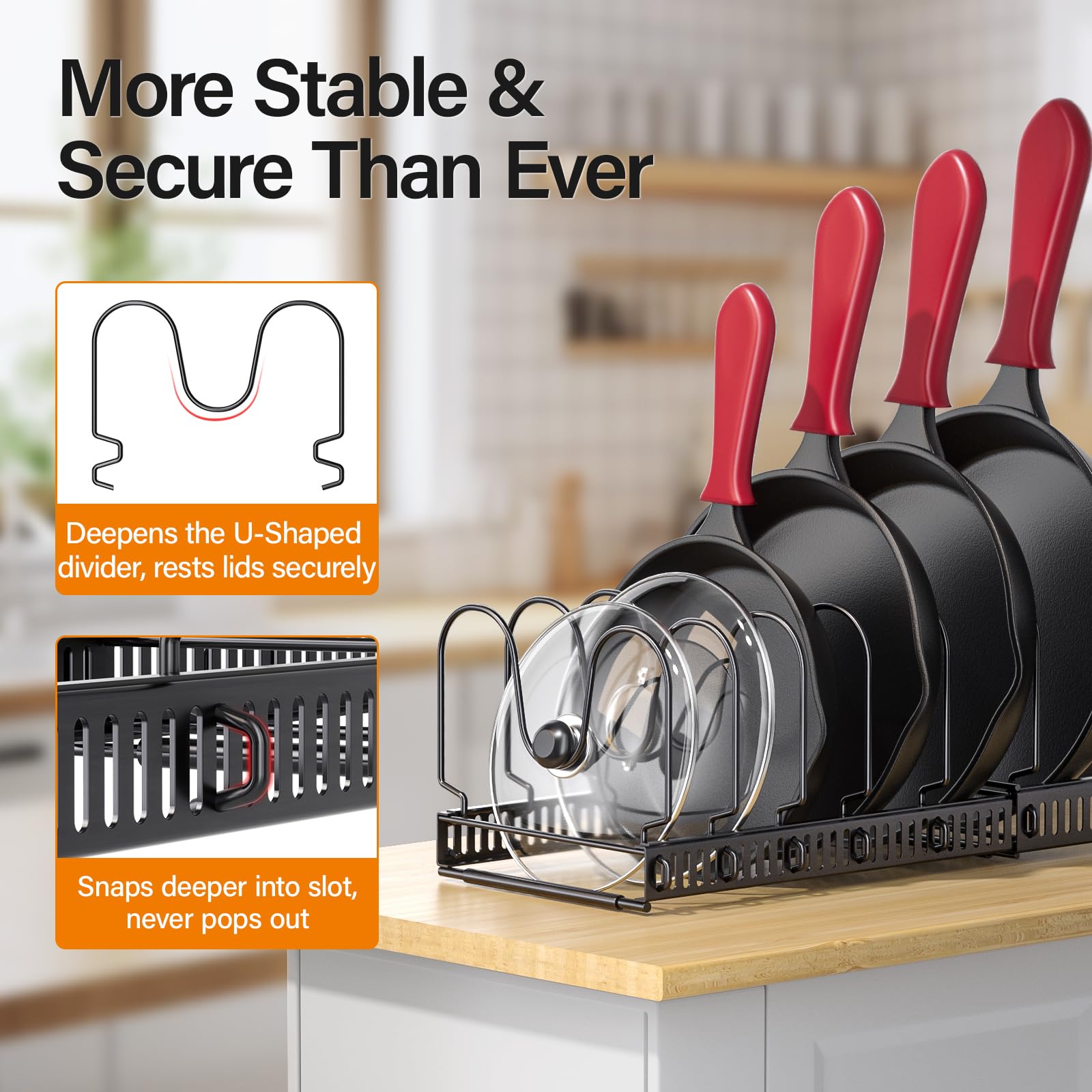 ORDORA Pots and Pans Organizer under Cabinet, Expandable 11.8"-22.8" Pot Lid Holder with 12 Adjustable Dividers, Pan Organizers inside Cabinet for Kitchen Cookware Bakeware, Black