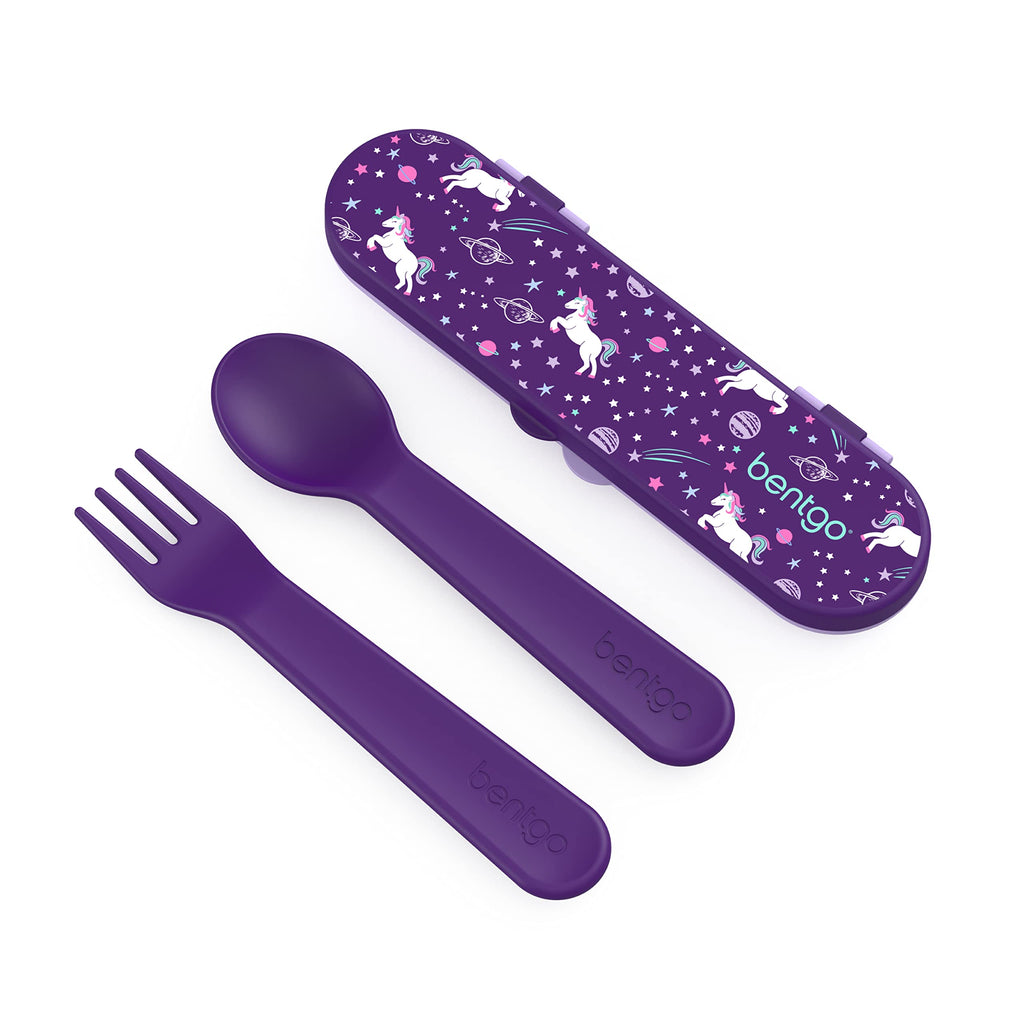 Bentgo Kids Utensil Set - Reusable Plastic Fork, Spoon & Storage Case BPA-Free Materials, Easy-Grip Handles, Dishwasher Safe Ideal for School Lunch, Travel, Outdoors (Rainbows and Butterflies)