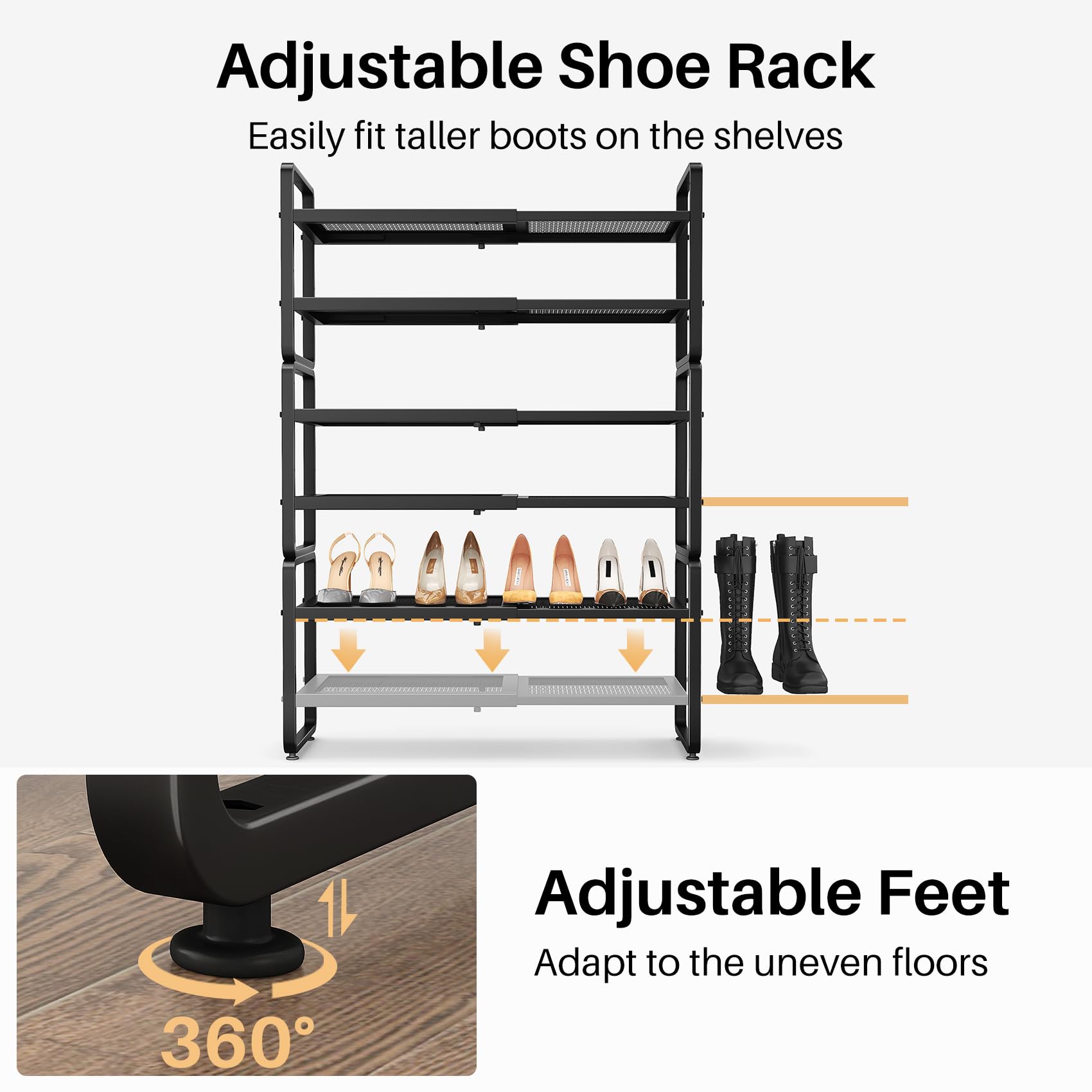 SNTD Shoe Rack - Expandable Shoe Organizer for Closet, Adjustable Metal Shoe Shelf Storage, Stackable Long Shoe Stand Holder for Garage, Entryway, Door Entrance (Black, 2-Tier)