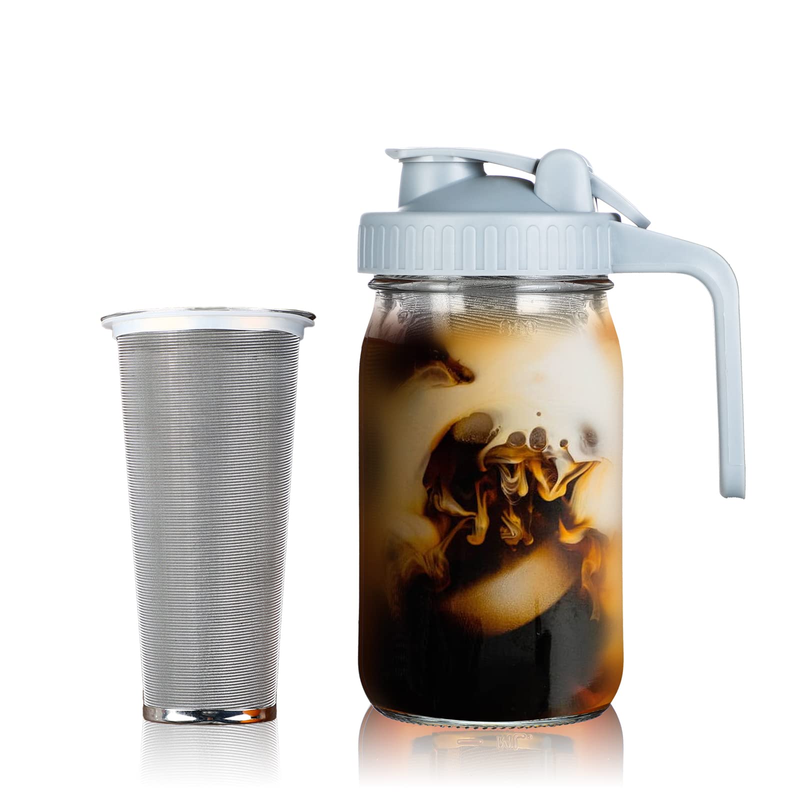 Cold Brew Mason Coffee Maker - 64oz Iced Coffee Pitcher with Stainless Steel Mixing Spoon & Super Dense Filter 3 Steps Finish Cold Brew Coffee, Classic BPA Free Sturdy Mason jar Pitcher Easy to Clean