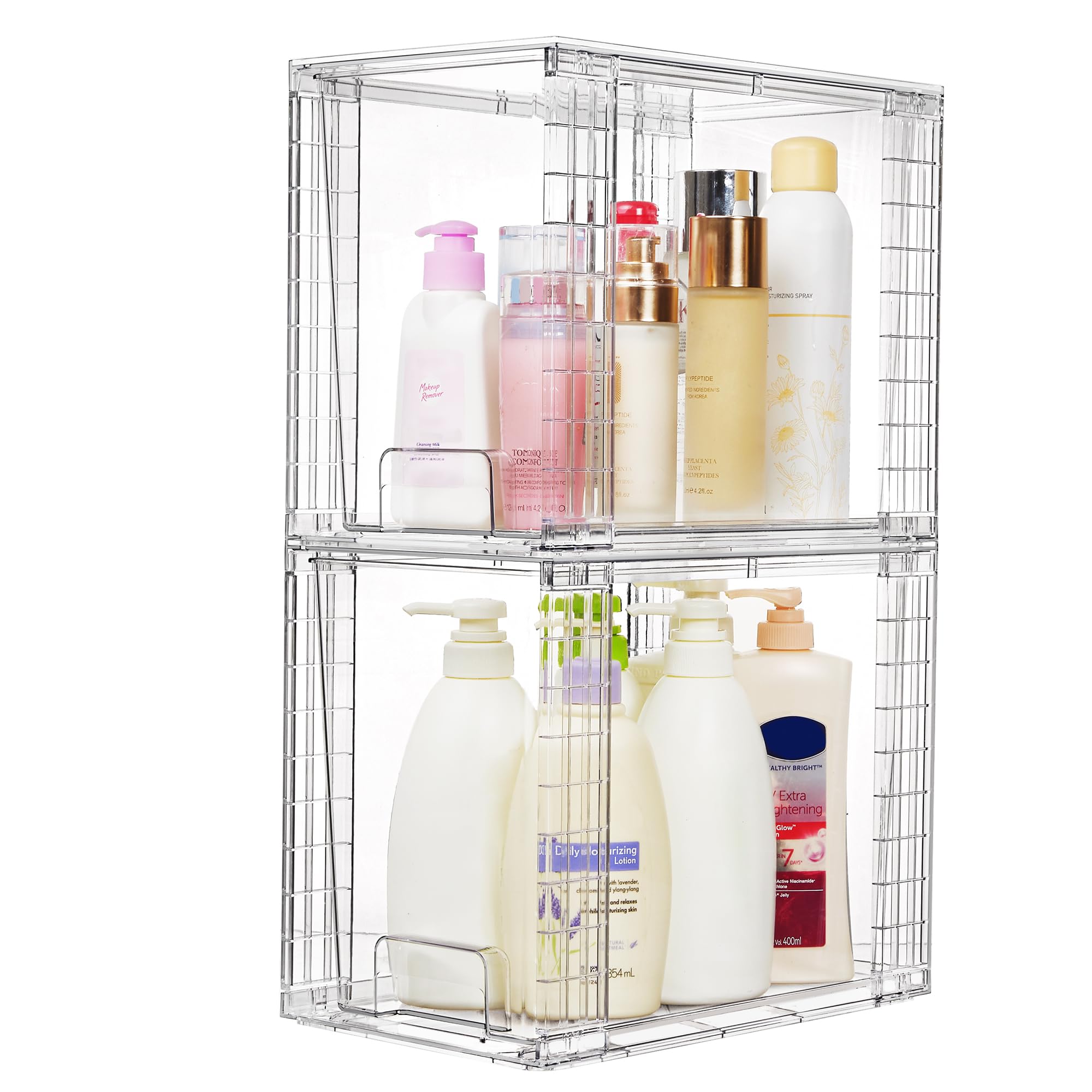 Vtopmart 4 Pack Stackable Storage Drawers,Clear Acrylic Drawer Organizers with Handles, Easily Assemble for Fridge, Bathroom,Kitchen Undersink,Cabinet,Pantry Organization and Storage