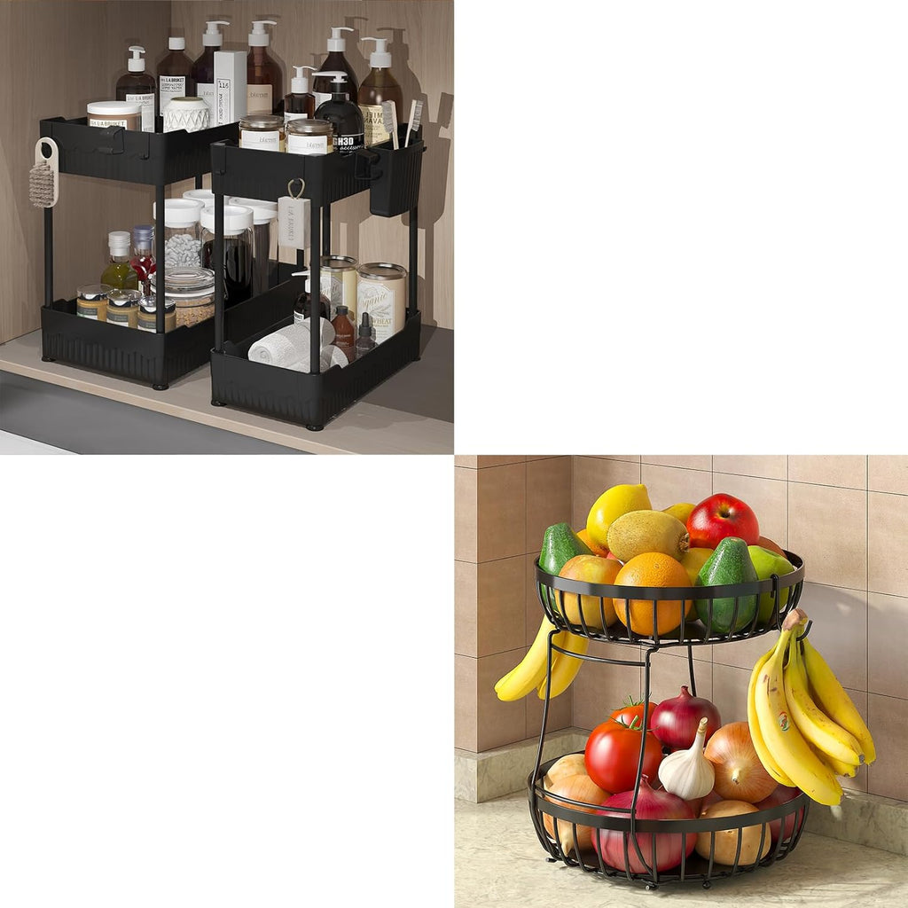2 Tier Fruit Basket for Kitchen Counter with 2 Banana Hangers, 2 Packe of Under Sink Organizers with Hooks Hanging Cup for Kitchen and Bathroom