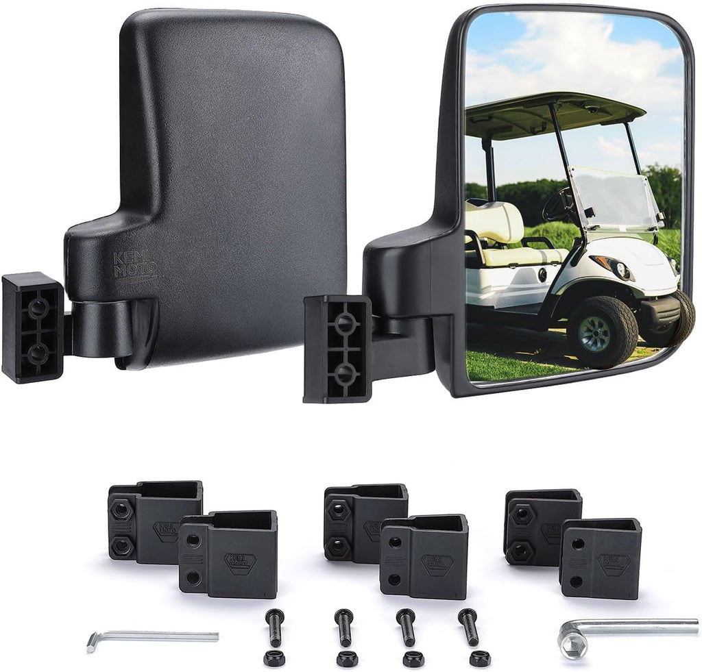 KEMIMOTO No Drilling Golf Cart Side Mirrors, Universal Rear View Mirror for 0.75"-1.25" Square Rail, Folding Design Compatible with EZGO, Club Car, Drive2, ICON, Black