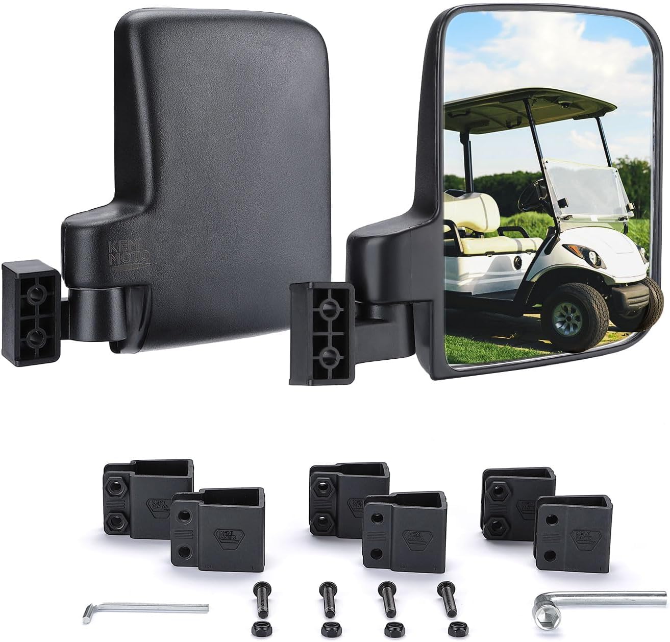 KEMIMOTO No Drilling Golf Cart Side Mirrors, Universal Rear View Mirror for 0.75"-1.25" Square Rail, Folding Design Compatible with EZGO, Club Car, Drive2, ICON, Black