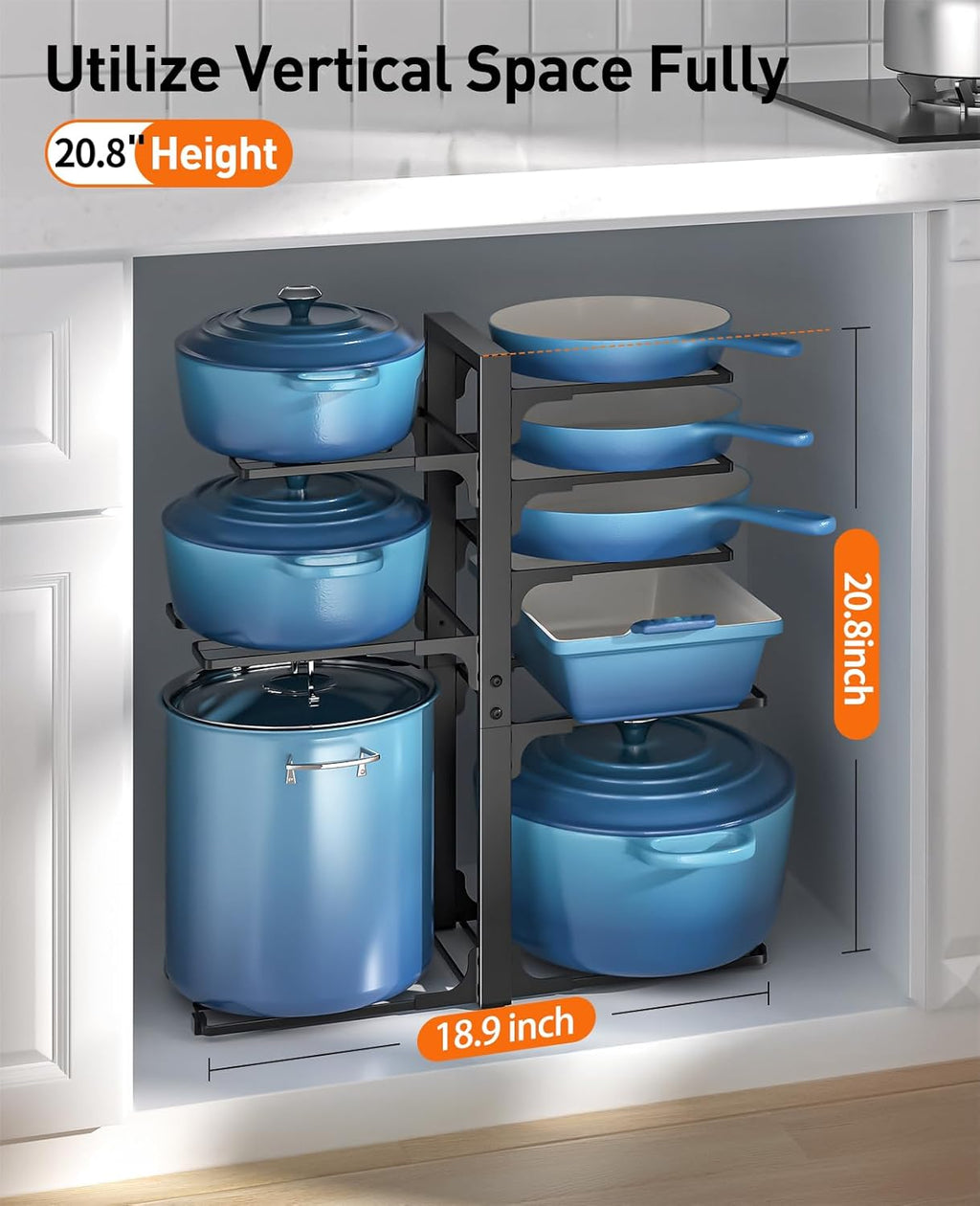 ORDORA Pots and Pans Organizer under Cabinet 20.8" Height & Extendable Large Dish Drying Rack for Kitchen Counter