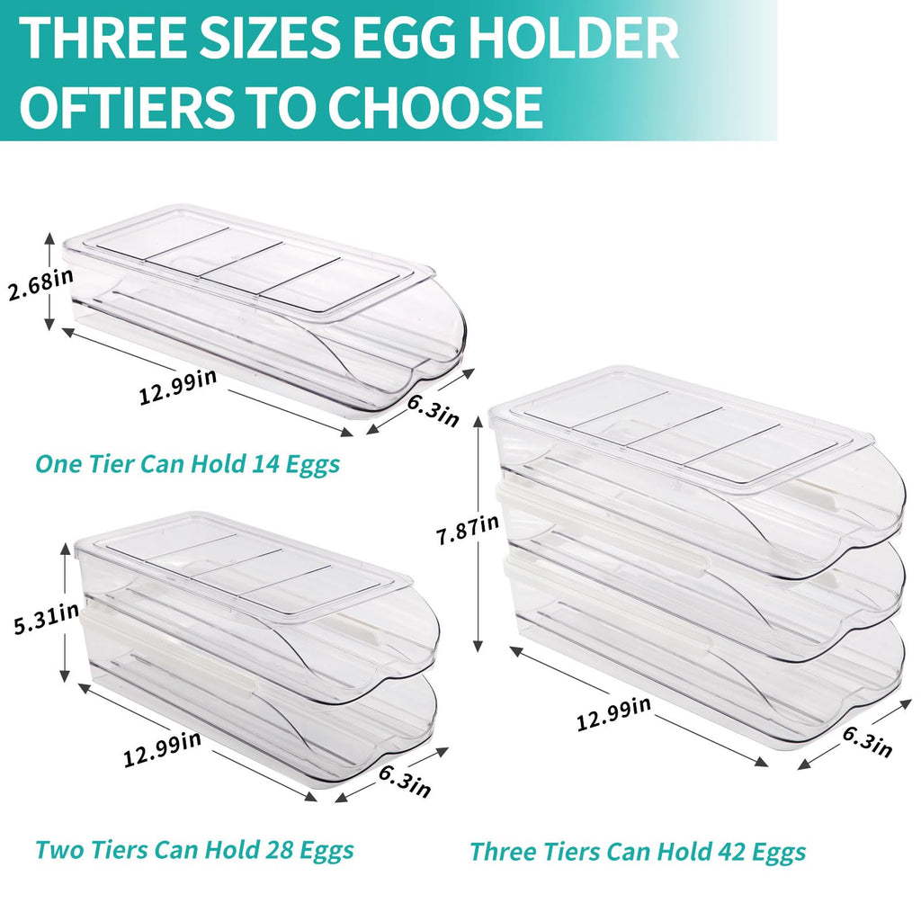 Egg Holder for Fridge, Automatic Rolling Egg Container for Refrigerator, Stackable Fridge Organizers and Storage with Lid, Clear Plastic Egg Dispenser & Tray (2 Tier)