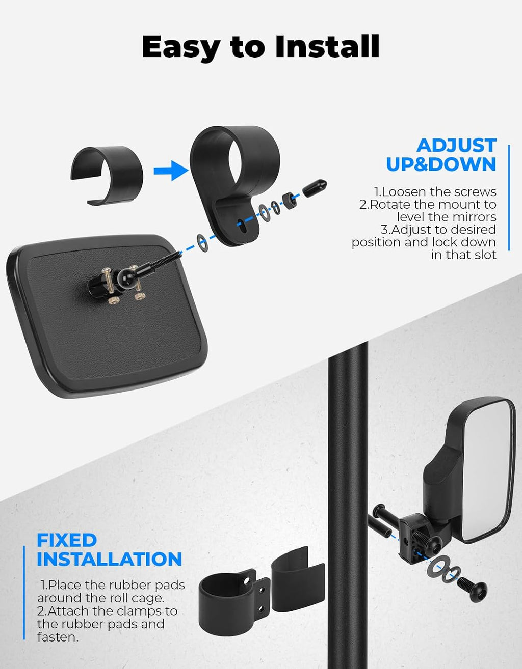 KEMIMOTO UTV Side Mirrors And Center Mirror with 1.6" to 2" Roll Bar Cage, Adjustable Rear View Side Mirrors Compatible with Polaris RZR, Zforce, Commander Maverick X3, Viking, Rhino, Teryx
