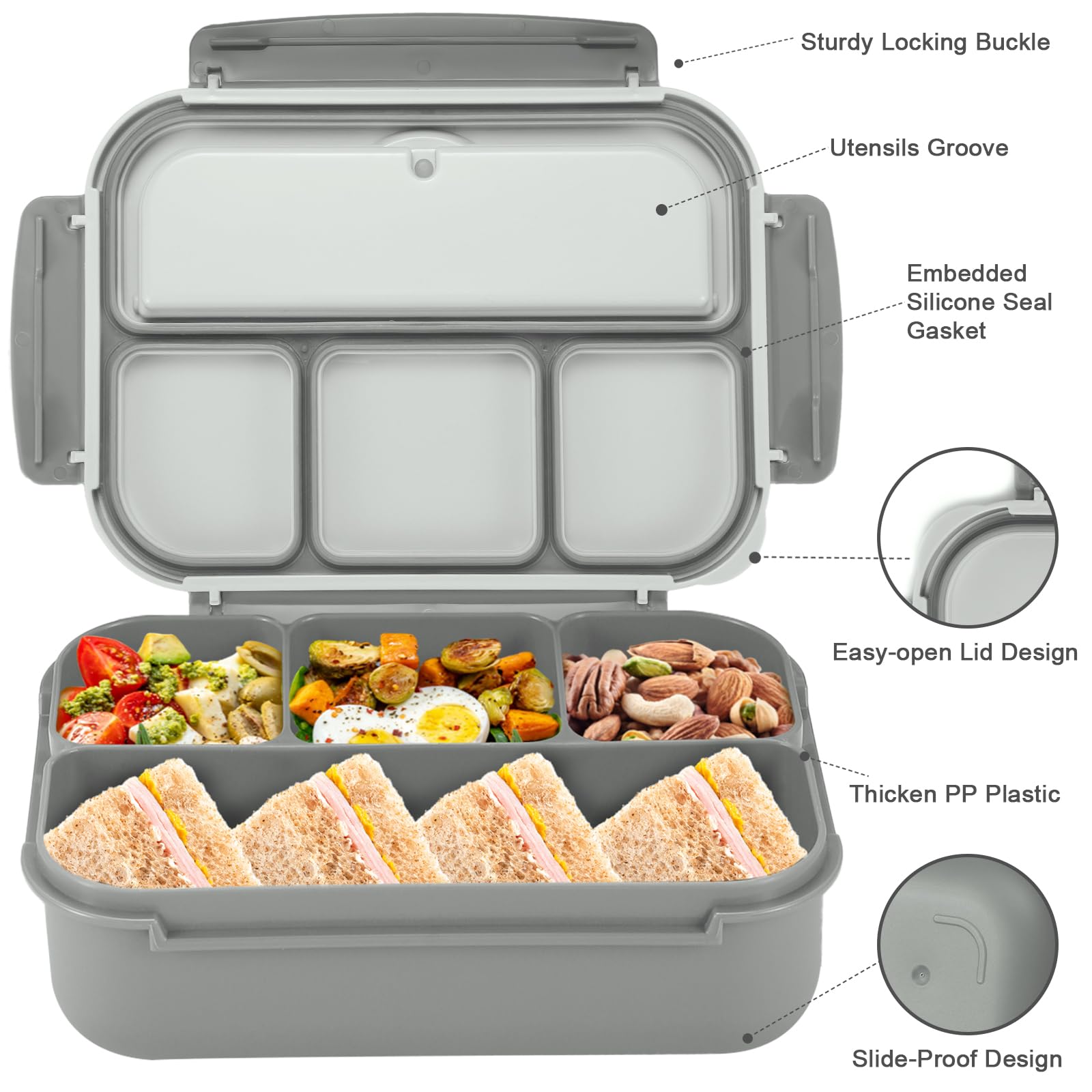 Bento Box Adult Lunch Box, Containers for Adults Men Women with 4 Compartments, Lunchable Food Container with Utensils, Sauce Jar, Muffin Liners, 40 Oz/5 Cup, Microwave & Dishwasher Safe, Brown