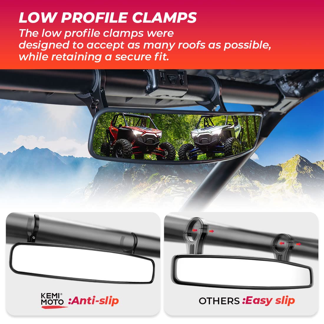 KEMIMOTO UTV Rearview Mirror, 15" UTV Race Convex Center Mirror with 3/4 1.75" or 2" Clamps Compatible with Polaris RZR PRO XP R, Pioneer,Can-Am Commander Maverick, 1000R 1000X