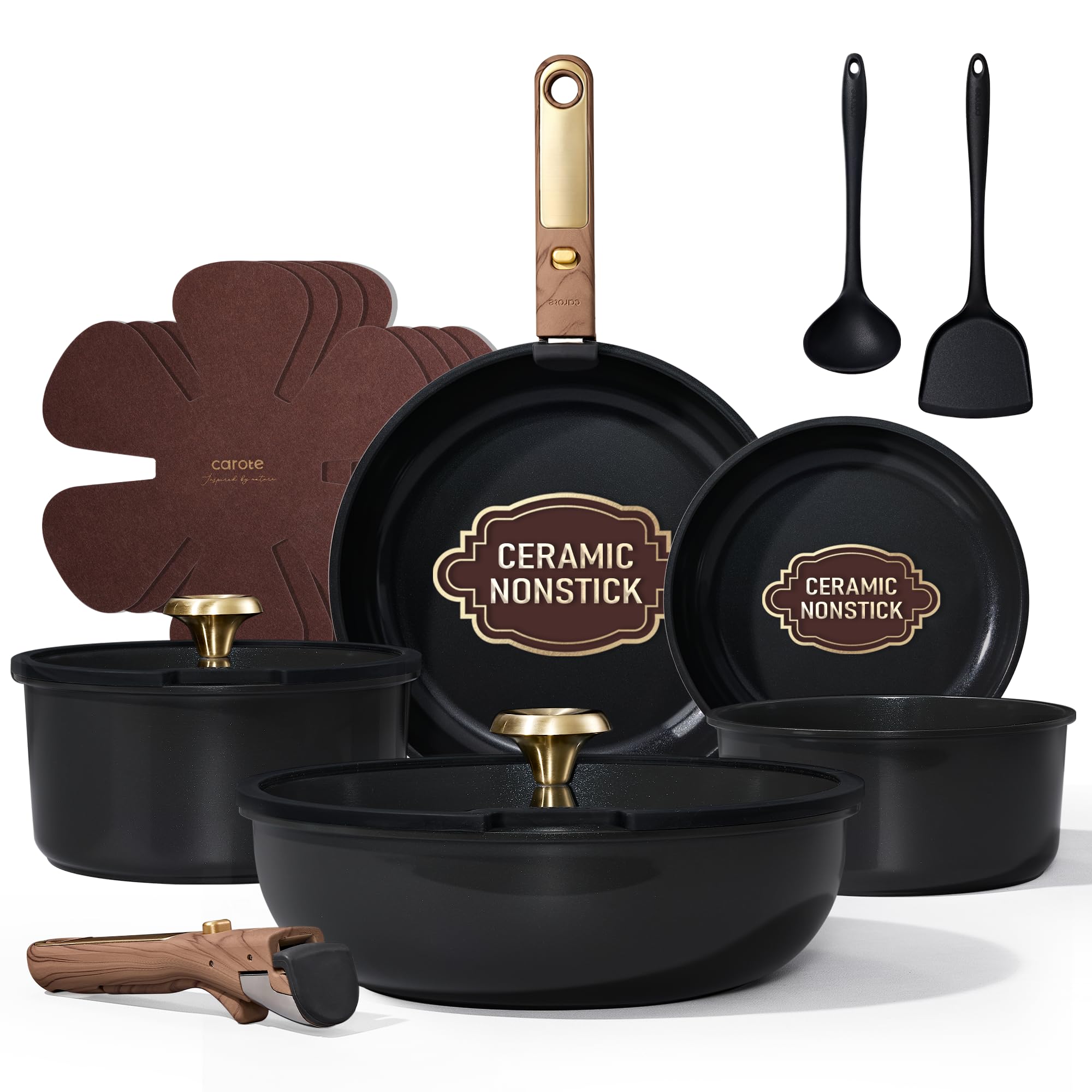 CAROTE Blue&Gold Ceramic Cookware Set Non Toxic, PFAS Free,15Pcs Pots and Pans Set Non Stick Detachable/Removable Handle,Kitchen Cooking Set Dishwasher Safe, Nonstick Pot and Pan, Induction Cookware