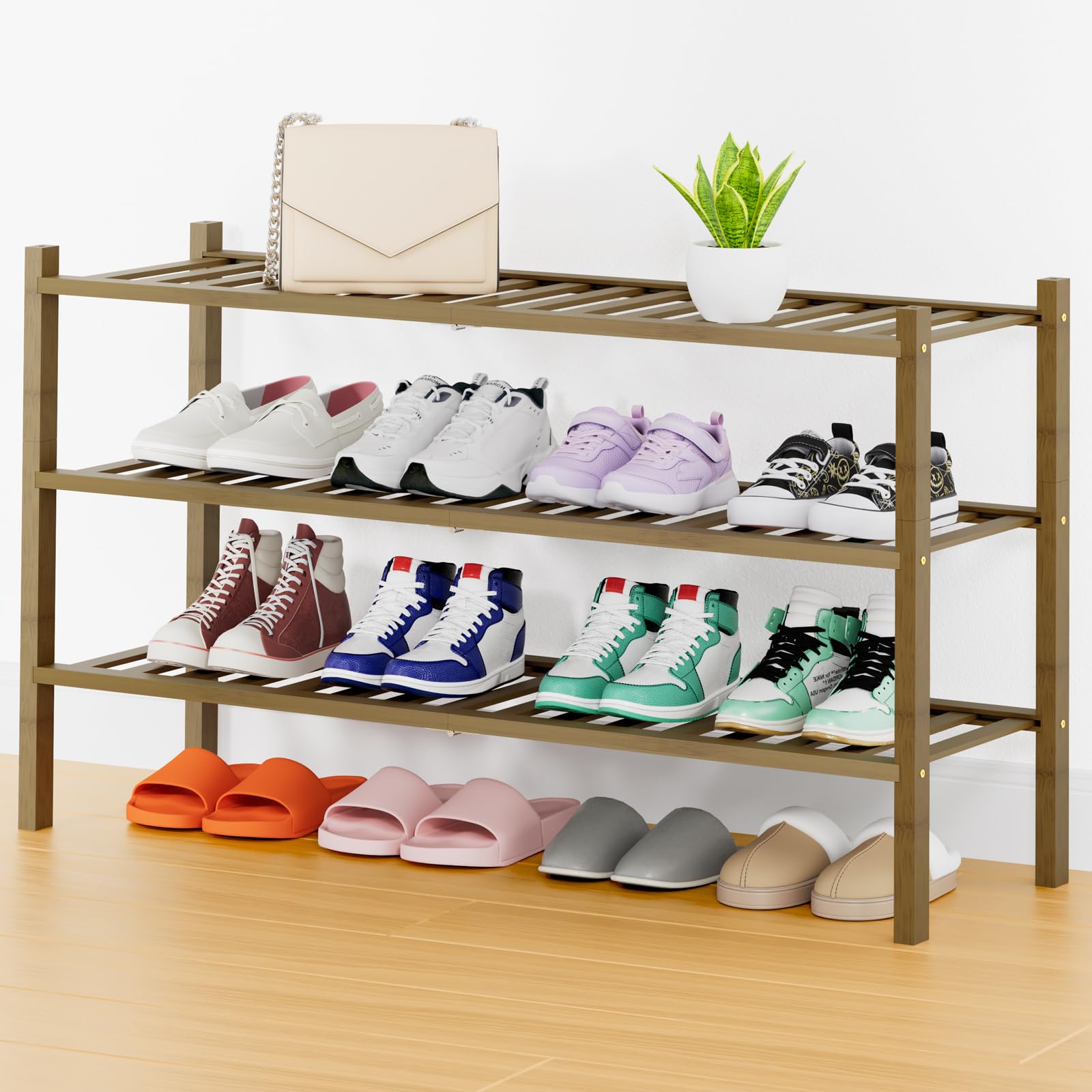 Smiry Shoe Rack, 3 Tier Bamboo Shoe Organizer, Stackable Free Standing Wooden Shoe Storage Shelf for Closet, Entryway, Front Door Entrance, Natural