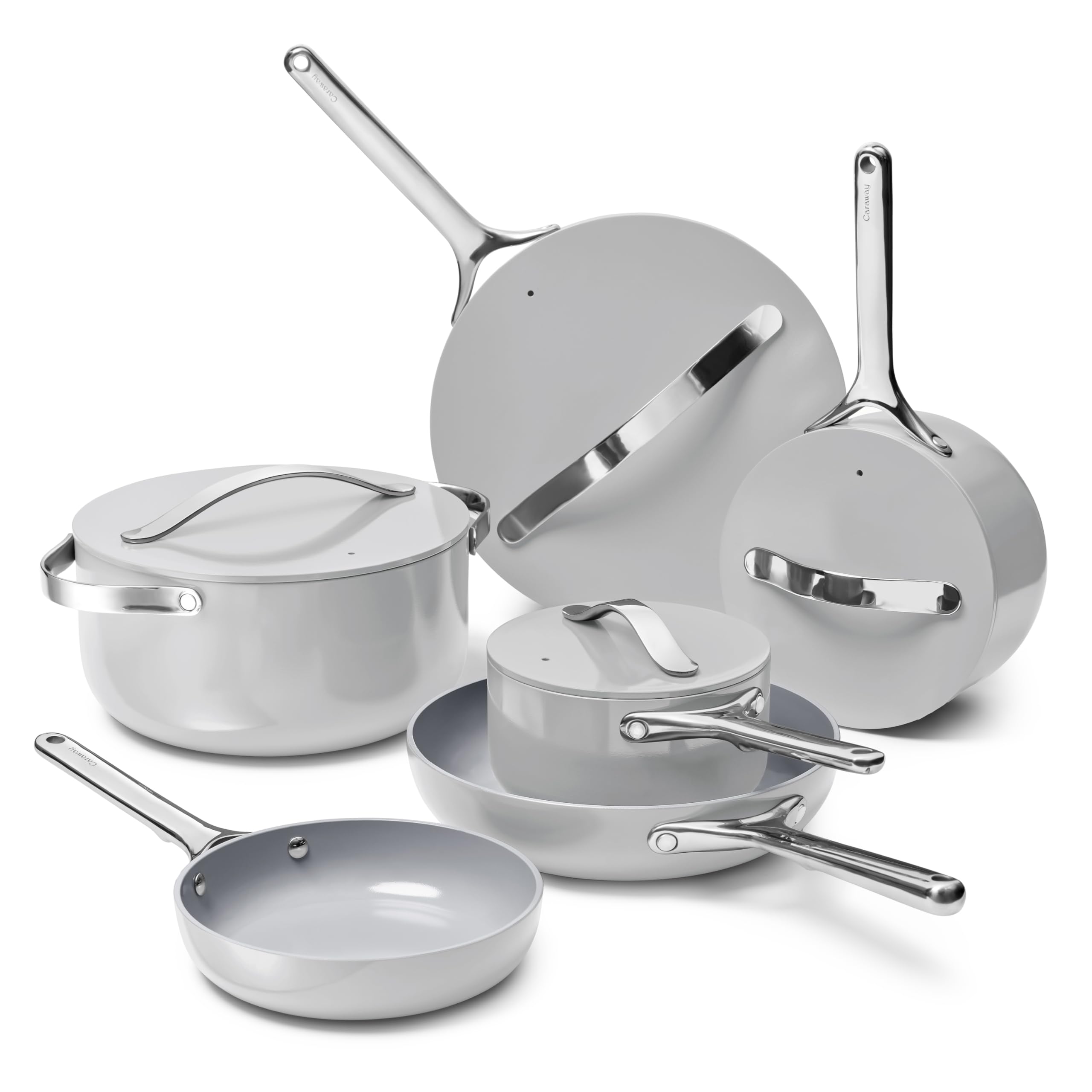 Caraway Non-stick Ceramic Cookware Set (12 Piece) Pots, Pans, Lids and Kitchen Storage - PFAS & PFOA Free - Oven Safe Pan Set & Compatible with All Stovetops - Cream