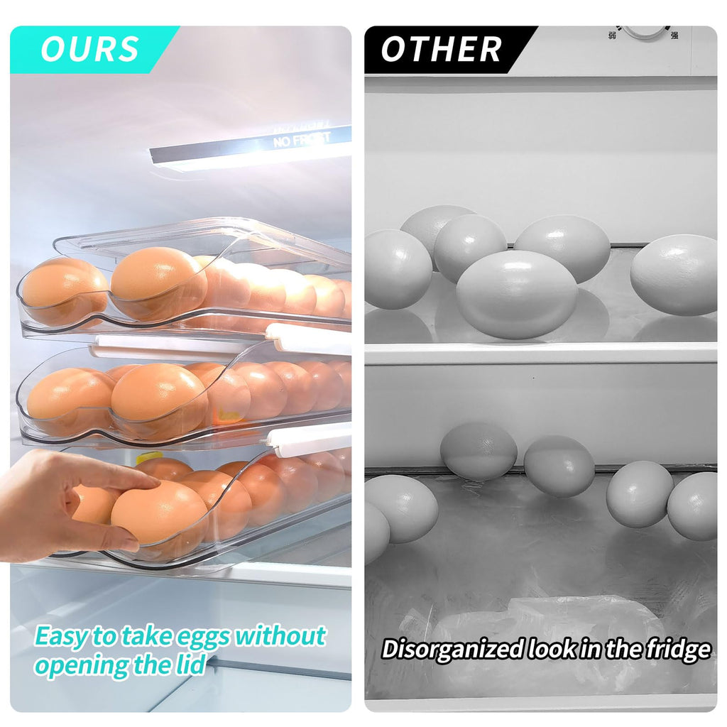 Egg Holder for Fridge, Automatic Rolling Egg Container for Refrigerator, Stackable Fridge Organizers and Storage with Lid, Clear Plastic Egg Dispenser & Tray (2 Tier)