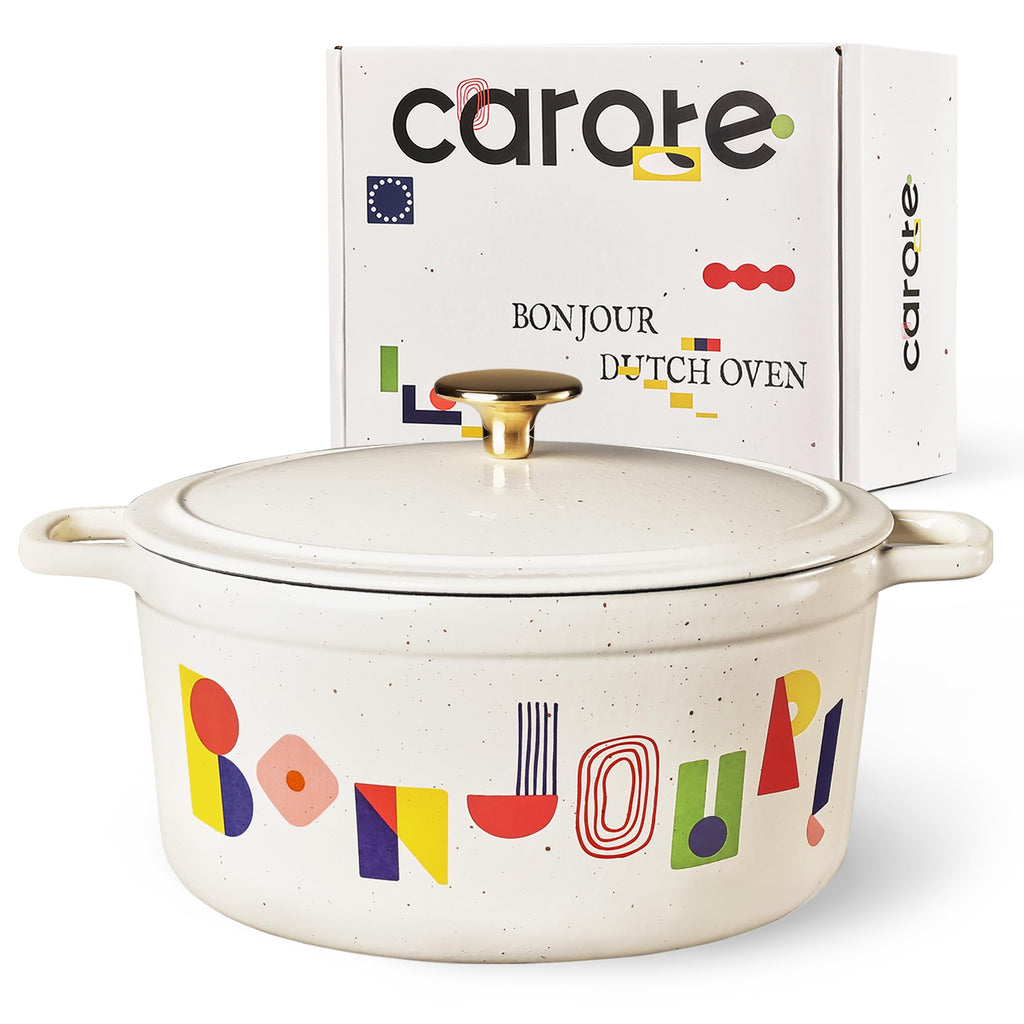 CAROTE 5 QT Cast Iron Dutch Oven Pot with Lid, Enameled Floral Dutch Ovens with Cotton Potholders & Oven Gloves, Gift Box, Cast Iron Pot for Sourdough Bread Baking, Braising, Stews, Roasting, Dual Handles, All Stovetop Compatible, Oven Safe up to 500° F,