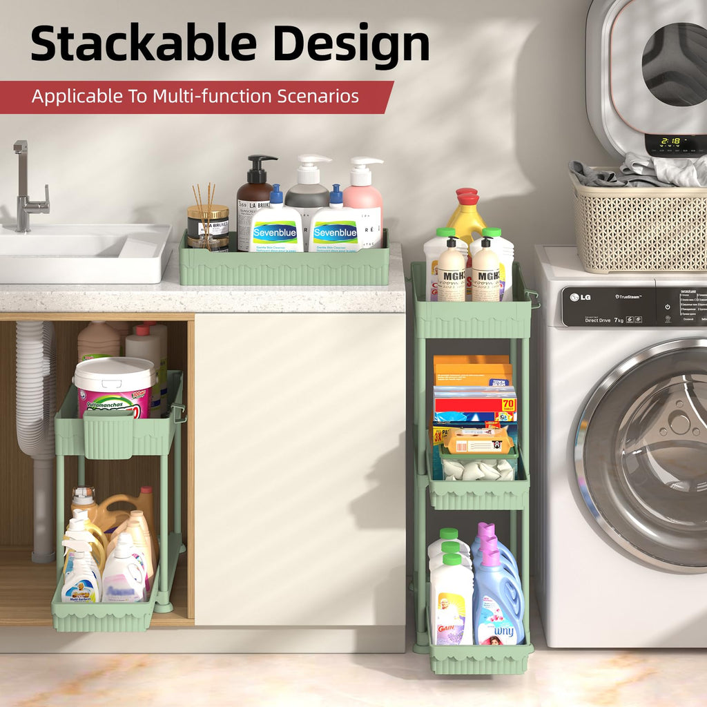 4 Pack Under Sink Organizer, Bathroom Organizers and Storage, 2 Tier Multi-Use Pull Out Cabinet Organizer with Hang Hooks and Cups (Black, 4 Pack)