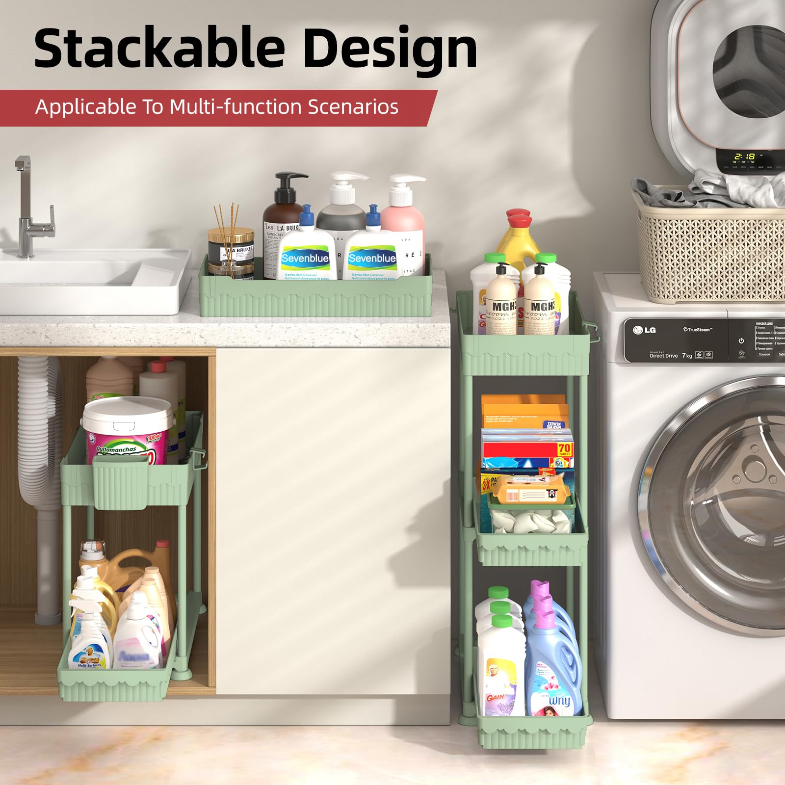 4 Pack Under Sink Organizer, Bathroom Organizers and Storage, 2 Tier Multi-Use Pull Out Cabinet Organizer with Hang Hooks and Cups (Black, 4 Pack)