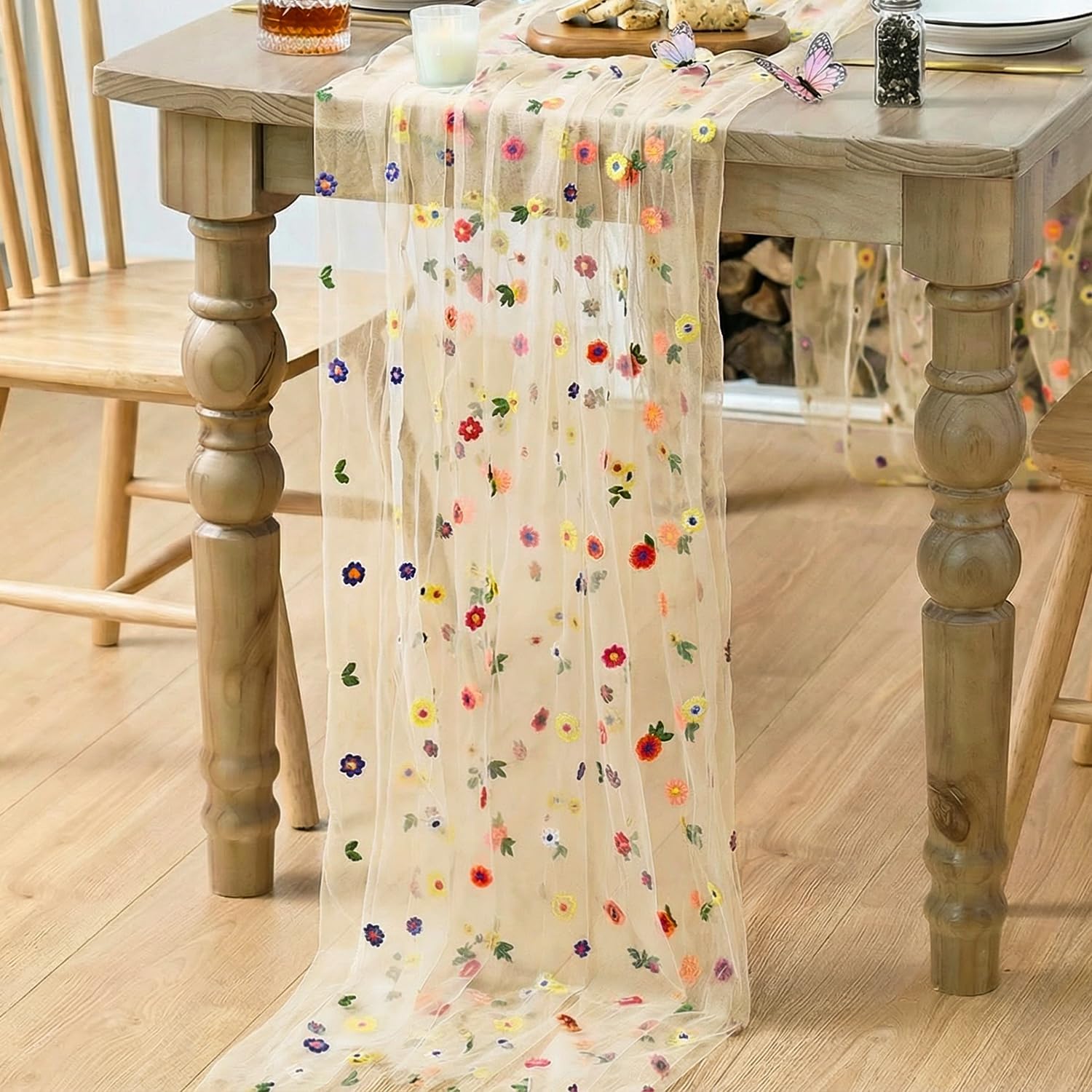 Artoid Mode Champagne Embroidery Daisy Gauze Table Runner 120 Inch 10FT, Seasonal Sheer Kitchen Dining Holiday Wedding Birthday Table Decor for Home Party