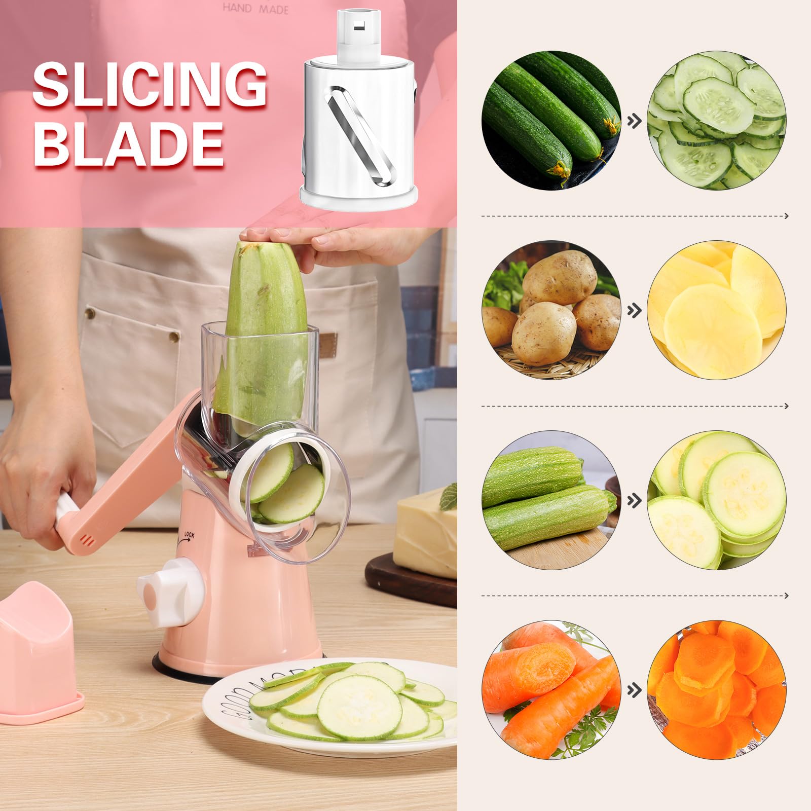 Cambom 5 in 1 Rotary Cheese Grater Hand Crank Cheese Shredder for Fresh Cheese, Vegetable, Nuts,Non-slip Suction Base, Black