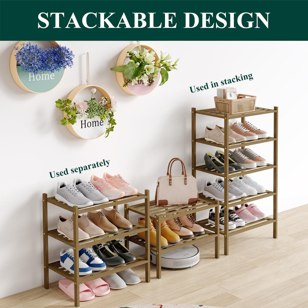 Smiry Bamboo Shoe Rack 3-Tier, Stackable Wooden Shoe Organizer for Entryway & Closet, Free Standing Wood Shoe Storage Shelf for Front Door & Small Spaces, Natural