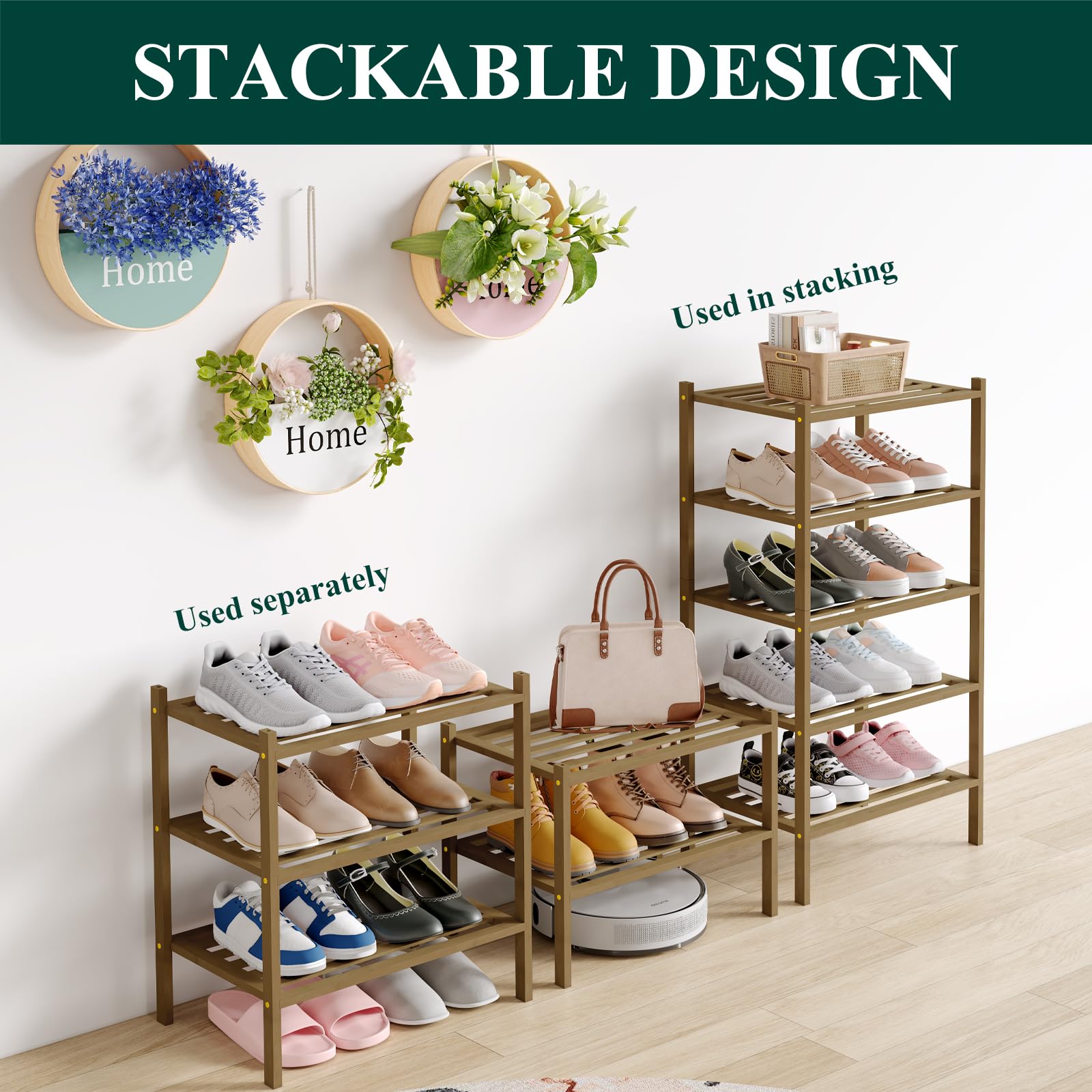 Smiry Bamboo Shoe Rack 3-Tier, Stackable Wooden Shoe Organizer for Entryway & Closet, Free Standing Wood Shoe Storage Shelf for Front Door & Small Spaces, Natural