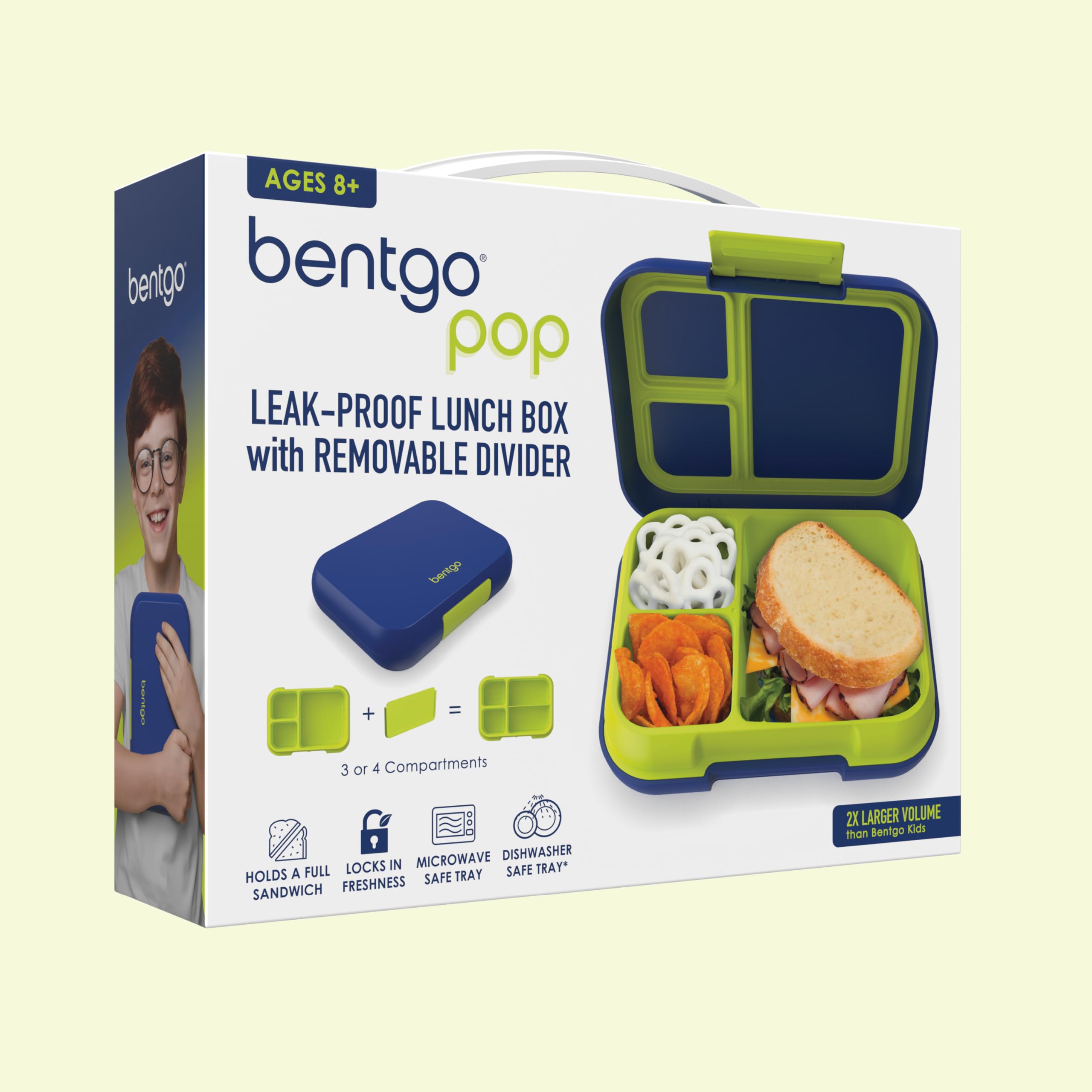 Bentgo Pop - Leak-Proof Lunch Box & Removable Divider for Ages 8+ & Teens - Lunch Container Holds 5 Cups of Food; 3-4 Compartments; Microwave/Dishwasher Safe; 2 Year Warranty (Navy Blue/Chartreuse)