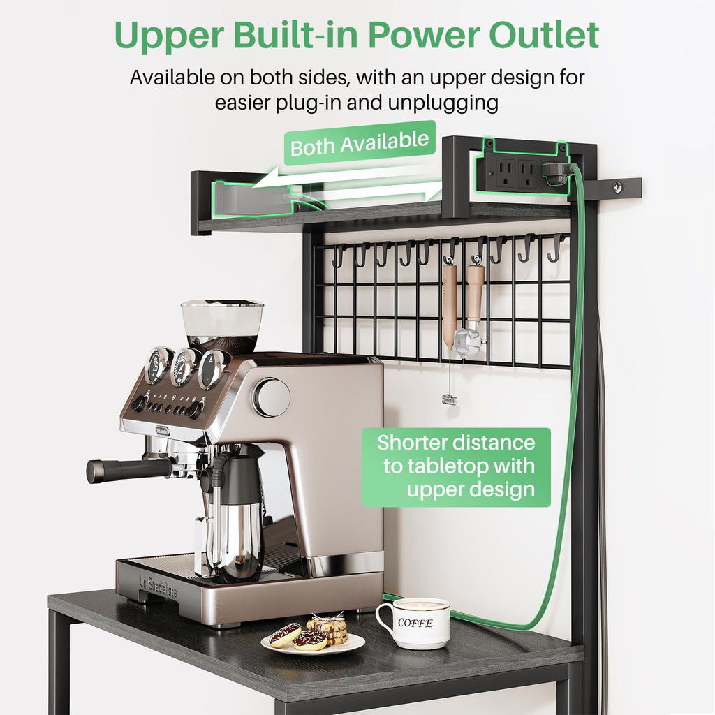 SNTD Bakers Rack with Power Outlet, Kitchen Shelves Microwave Stand with Wire Grid and 10 Hooks, 4 Tiers Coffee Stand (Rustic Brown, 23.5 x 15.6 x 52.8 Inches)