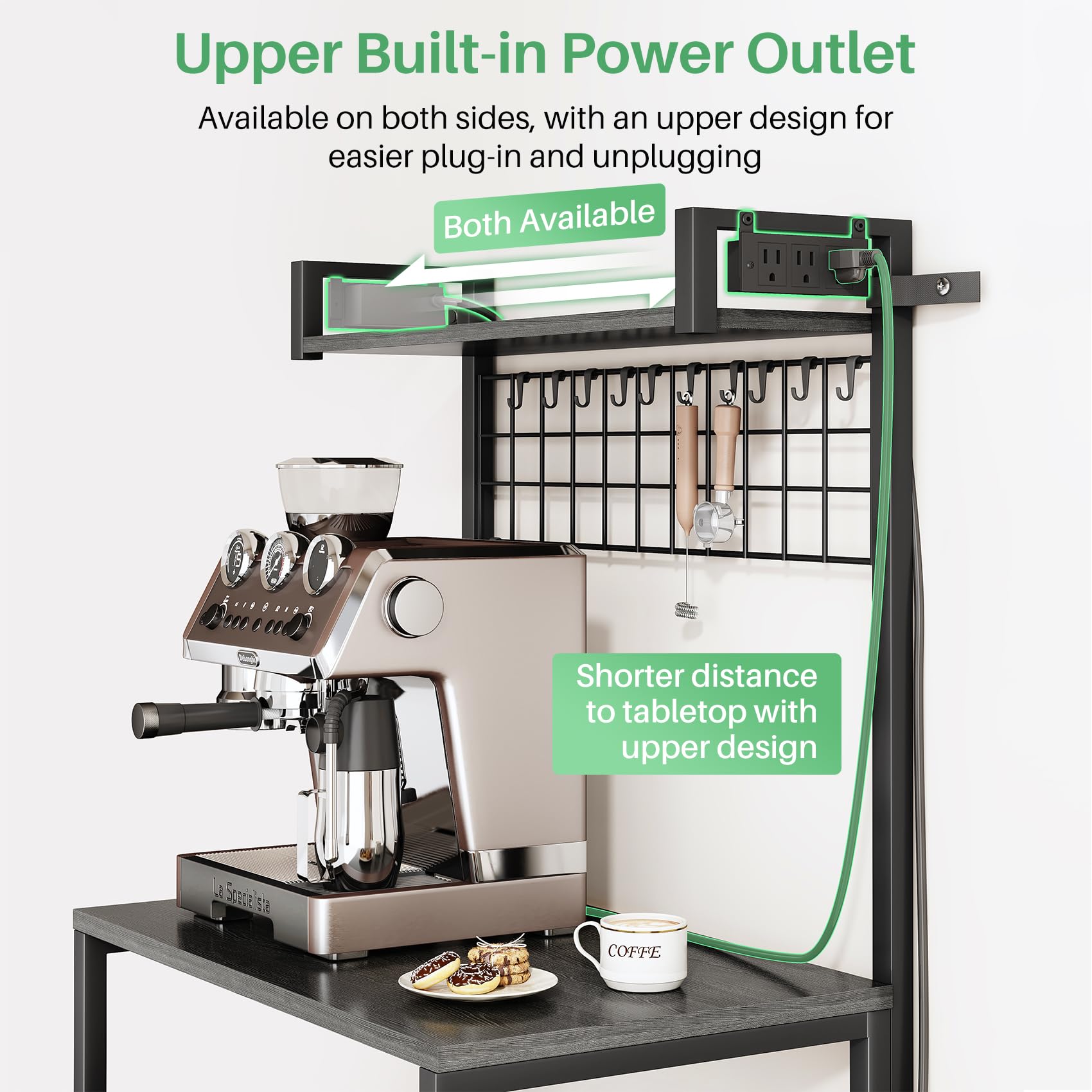 SNTD Bakers Rack with Power Outlet, Kitchen Shelves Microwave Stand with Wire Grid and 10 Hooks, 4 Tiers Coffee Stand (Rustic Brown, 23.5 x 15.6 x 52.8 Inches)