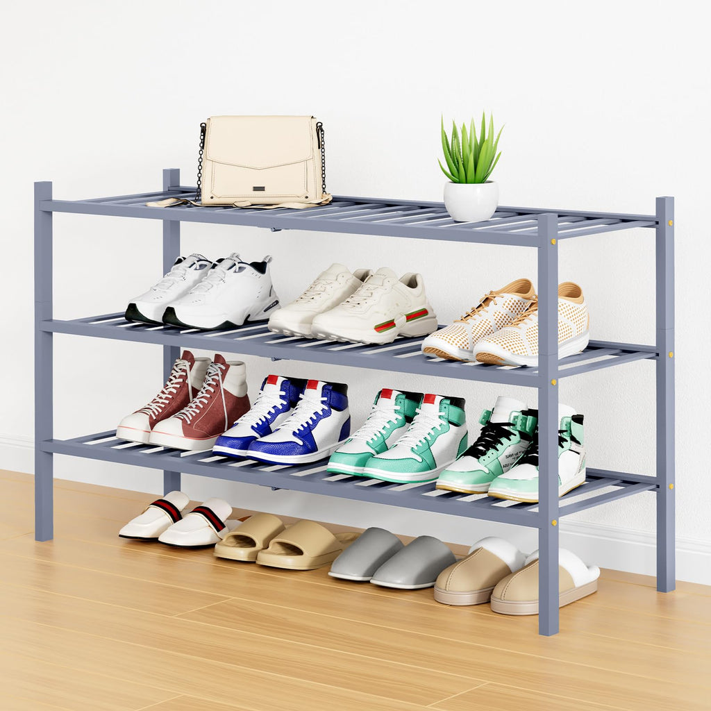 Smiry Shoe Rack, 3 Tier Bamboo Shoe Organizer, Stackable Free Standing Wooden Shoe Storage Shelf for Closet, Entryway, Front Door Entrance, Natural