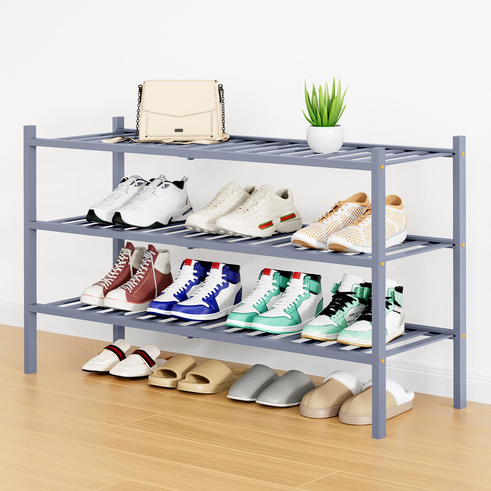 Smiry Shoe Rack, 3 Tier Bamboo Shoe Organizer, Stackable Free Standing Wooden Shoe Storage Shelf for Closet, Entryway, Front Door Entrance, Natural