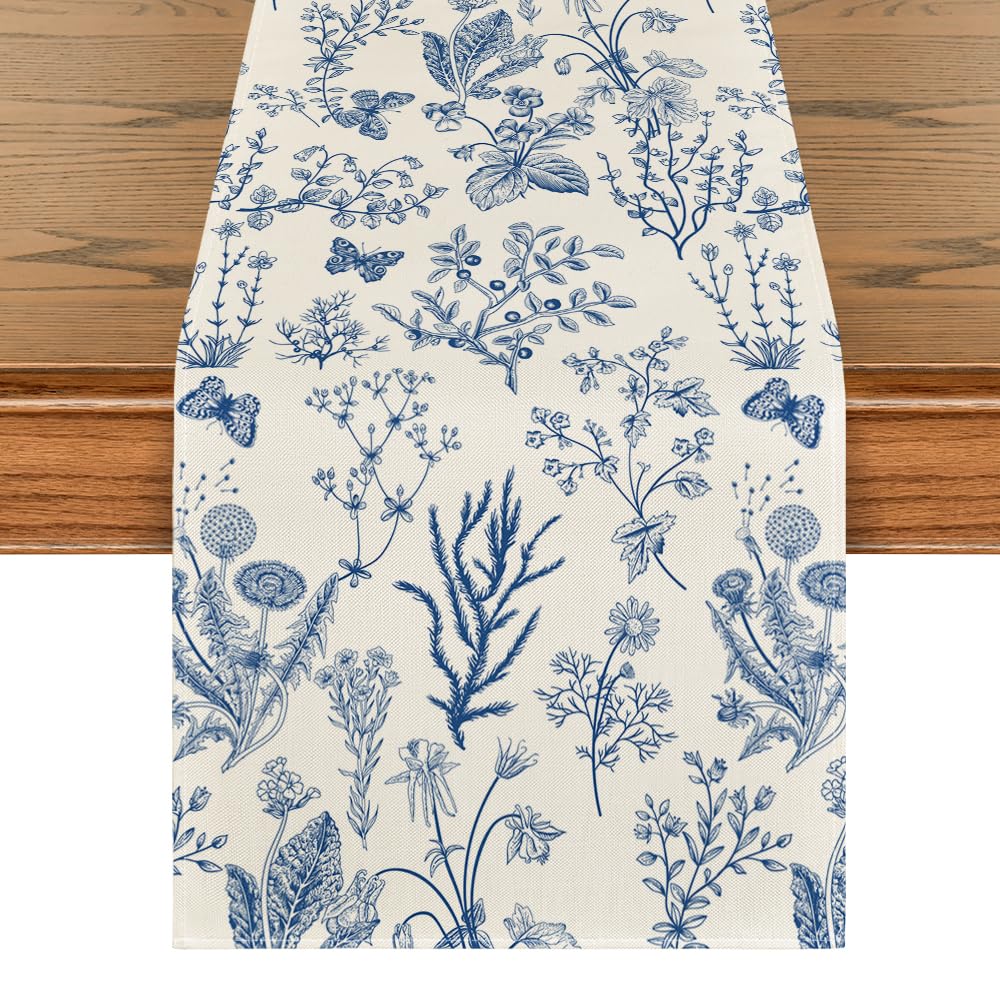 Artoid Mode Wildflowers Floral Spring Table Runner, Seasonal Summer Butterfly Kitchen Dining Table Decoration for Home Party 13x72 Inch