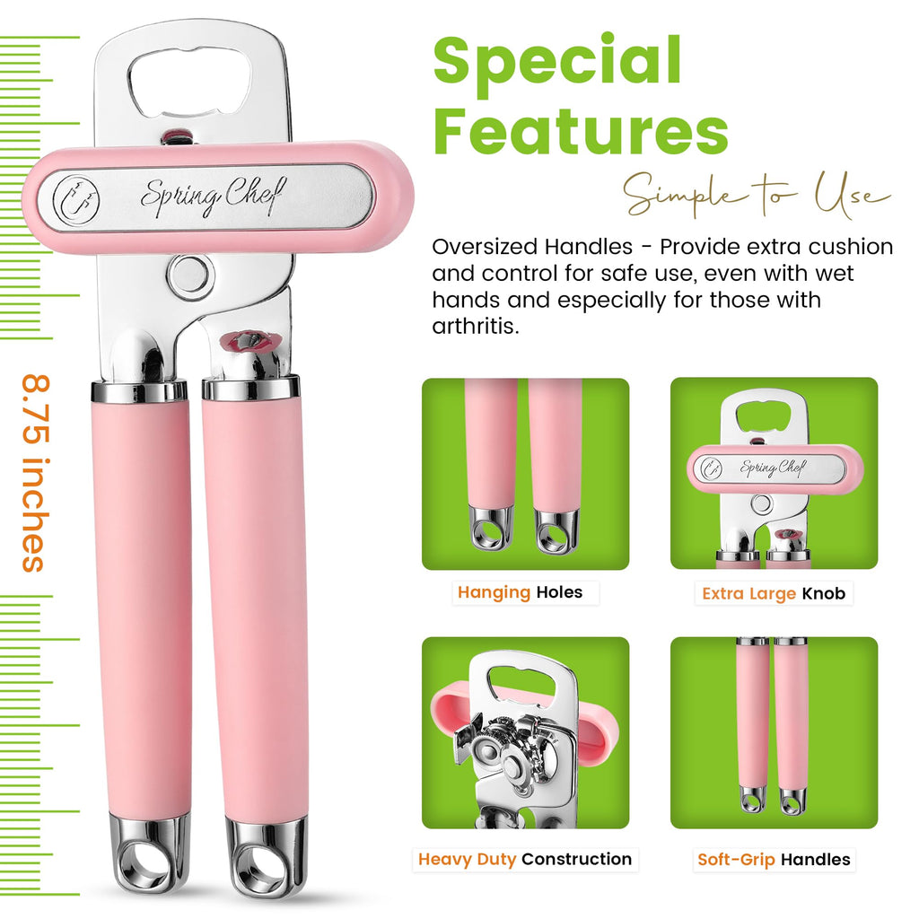 Spring Chef Stainless Steel Can Opener - Manual with Soft Grip Handles, Easy Turn, Heavy Duty Hand Can Openers for Seniors with Smooth Edge - Magnetic Lid Remover - Black