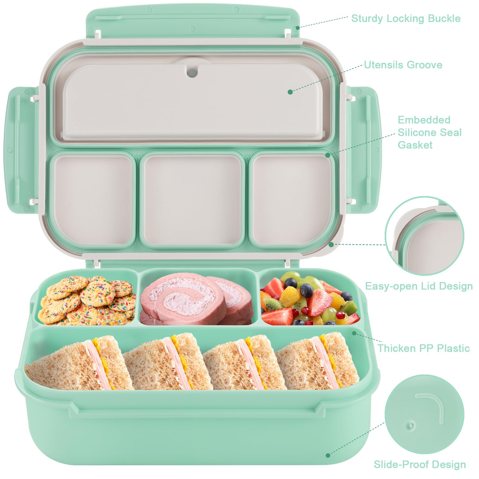 Bento Box Adult Lunch Box, Containers for Adults Men Women with 4 Compartments, Lunchable Food Container with Utensils, Sauce Jar, Muffin Liners, 40 Oz/5 Cup, Microwave & Dishwasher Safe, Brown