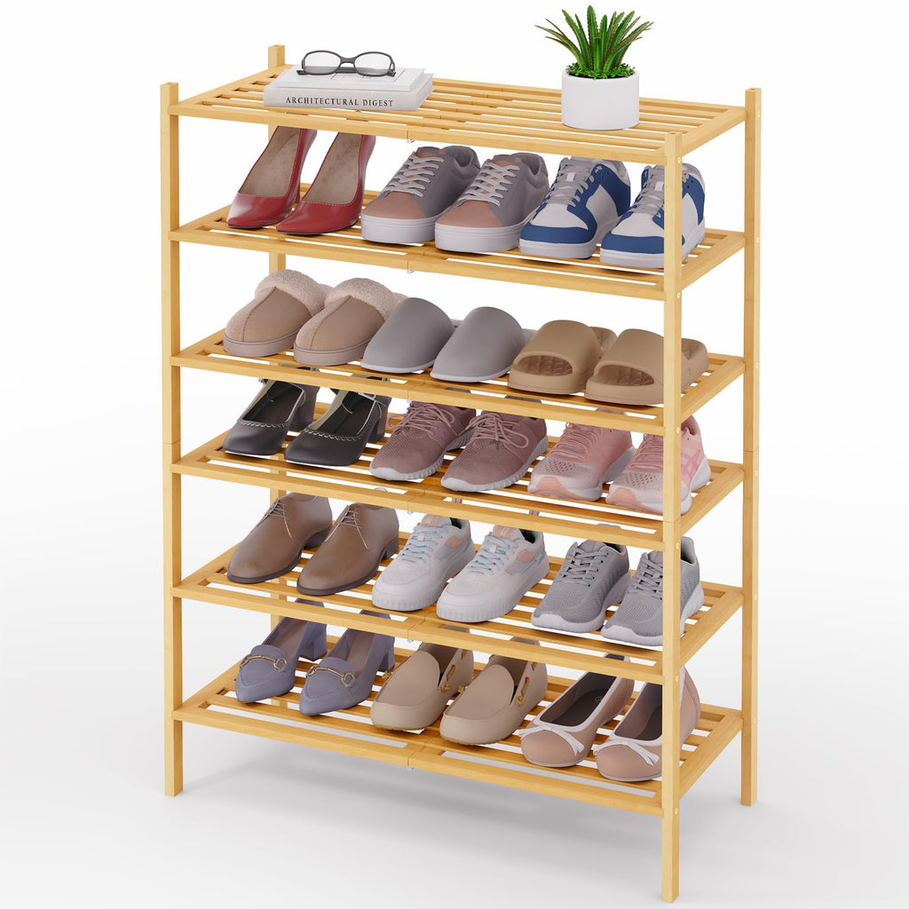 Smiry Bamboo Shoe Rack 3-Tier, Stackable Wooden Shoe Organizer for Entryway & Closet, Free Standing Wood Shoe Storage Shelf for Front Door & Small Spaces, Natural