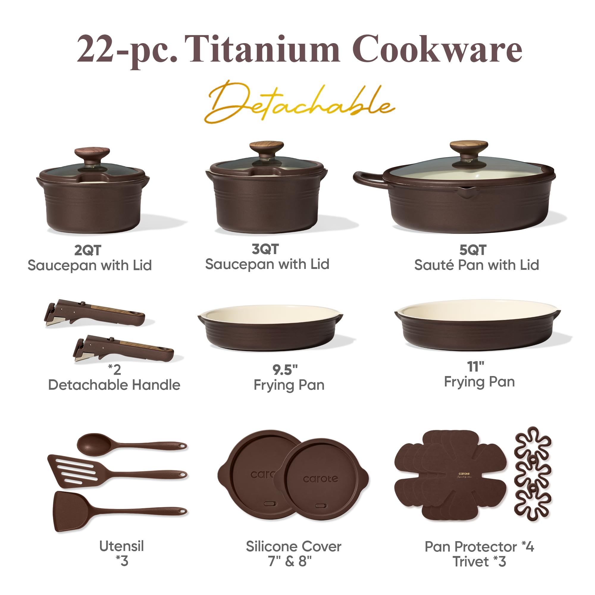 CAROTE 20Pcs Titanium Cookware Set, Pots and Pans Set Non Stick, Kitchen Cooking Set with Detachable Handle, Non Toxic Induction Cookware, Dishwasher/Oven Safe