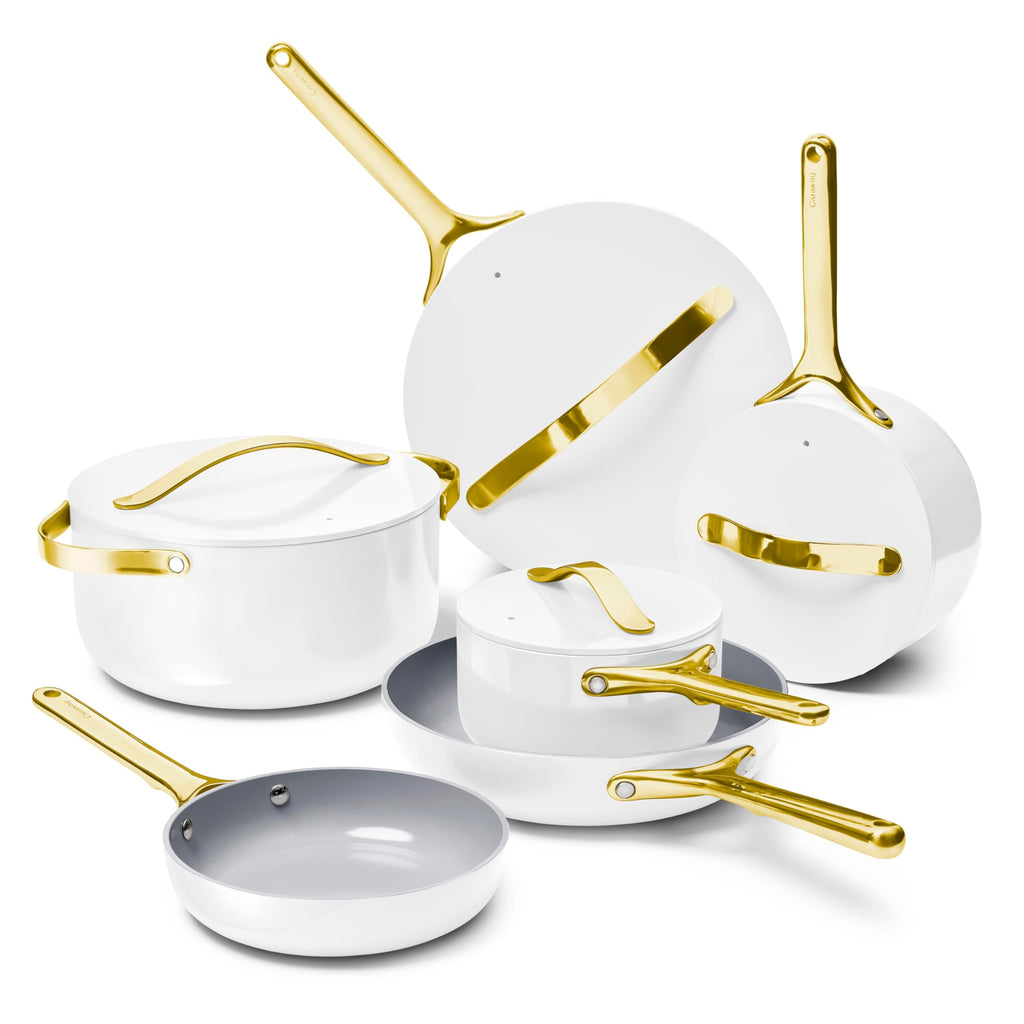 Caraway Non-stick Ceramic Cookware Set (12 Piece) Pots, Pans, Lids and Kitchen Storage - PFAS & PFOA Free - Oven Safe Pan Set & Compatible with All Stovetops - Cream