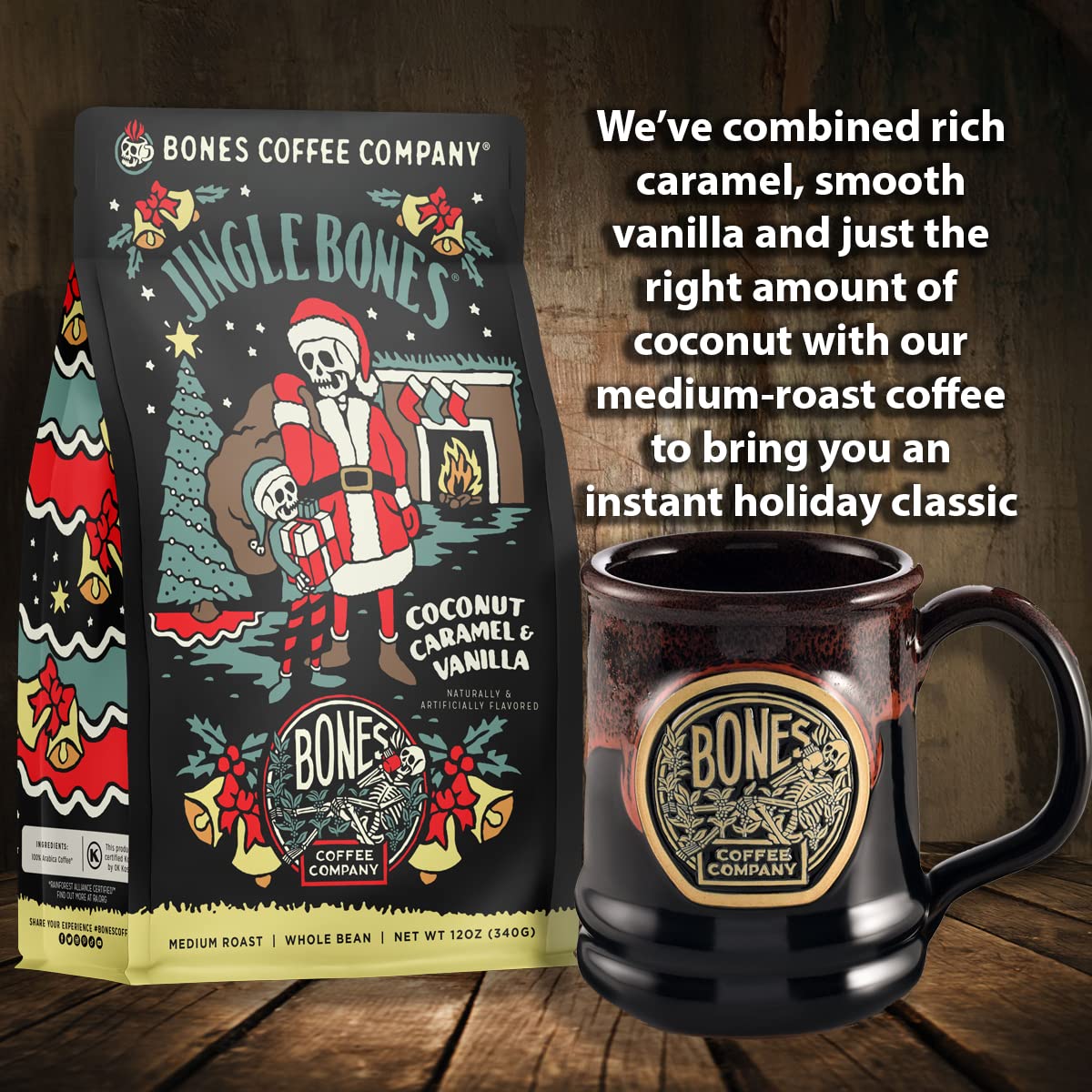 Bones Coffee Company Cinnamon Roll Flavored Coffee, Medium Roast Low Acid Arabica Beans Compatible with Auto drip and French Press Coffee Maker, 12 Oz Whole Bean