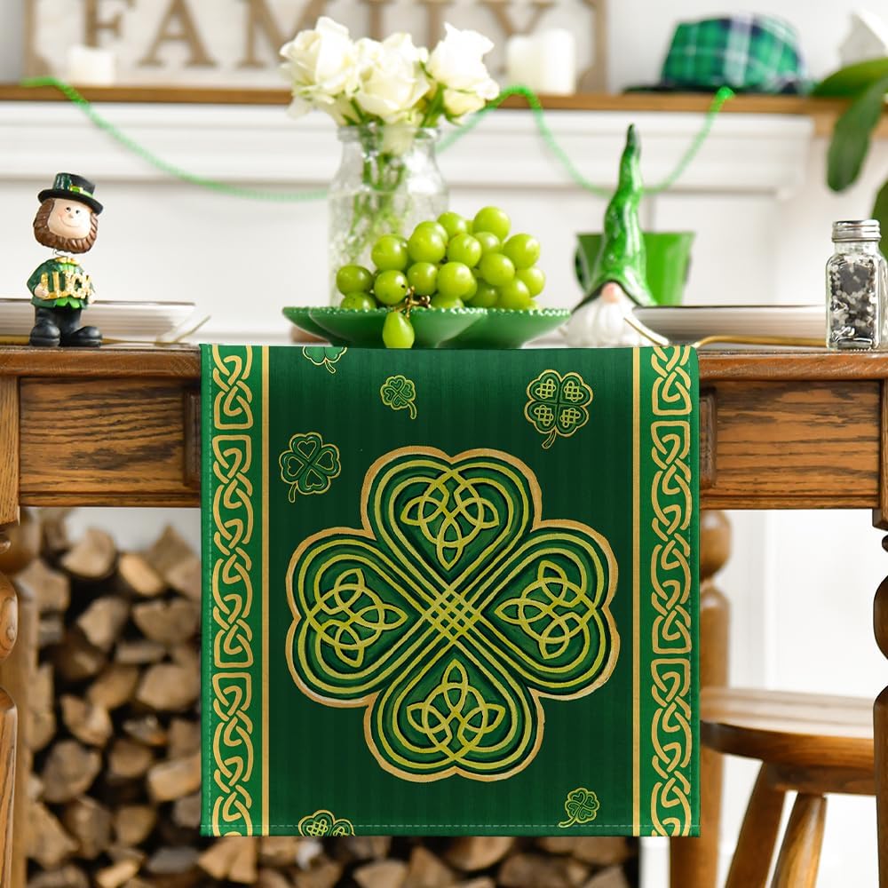 Artoid Mode Green Stripes Shamrocks 210 GSM St.Patrick's Day Table Runner, Seasonal Spring Kitchen Dining Table Runner for Home Party Decor 13x72 Inch
