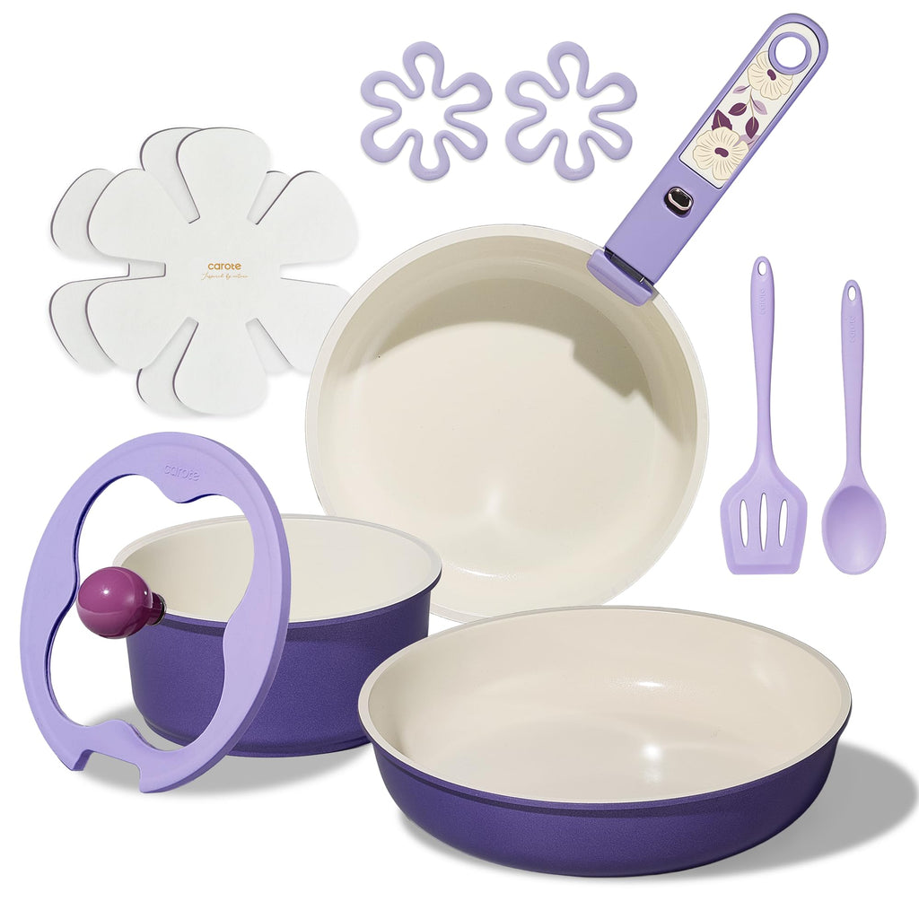 CAROTE Ceramic Pots and Pans Set Non Stick, Nonstick Kitchen Cookware Sets with Lid, Detachable Handle Sauté Pan Set, Non Toxic Frying Pan, Oven Safe, Induction Ready, Cream White
