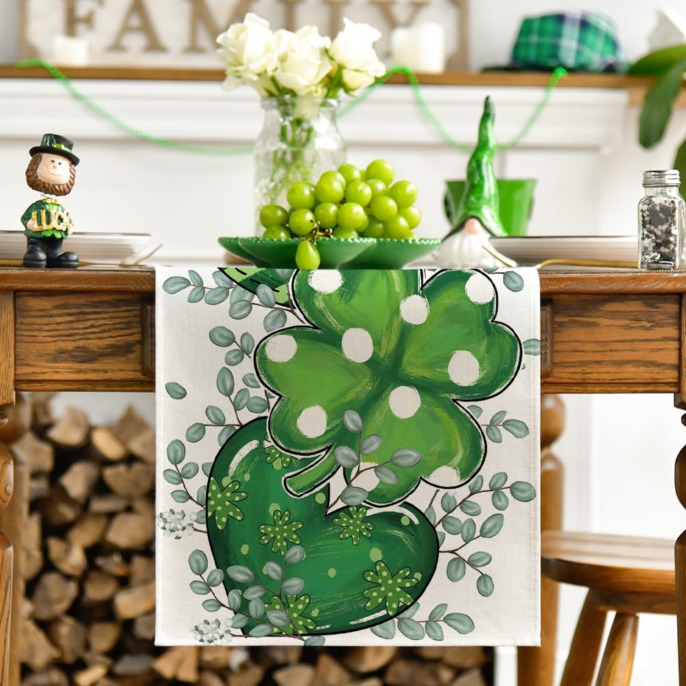 Artoid Mode Shamrock Eucalyptus Heart St. Patrick's Day Table Runner,Seasonal Spring Kitchen Dining Table Decoration for Home Party Decor 13 x 72 Inch