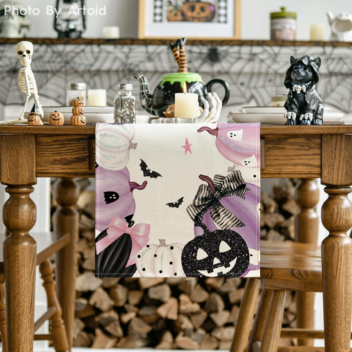 Artoid Mode Pink Jack-O-Lantern Pumpkin Bat Halloween Table Runner, Holiday Kitchen Dining Table Decoration for Indoor Outdoor Home Party Decor 13 x 72 Inch