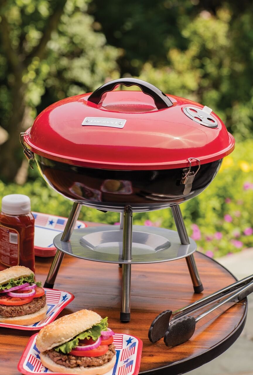 Cuisinart 14" Portable Charcoal Grill, Tabletop Outdoor Small Grill with Locking Lid and Dual Vents, Chrome Plated Travel Size BBQ Perfect for Camping, Tailgates, Cookouts, Red