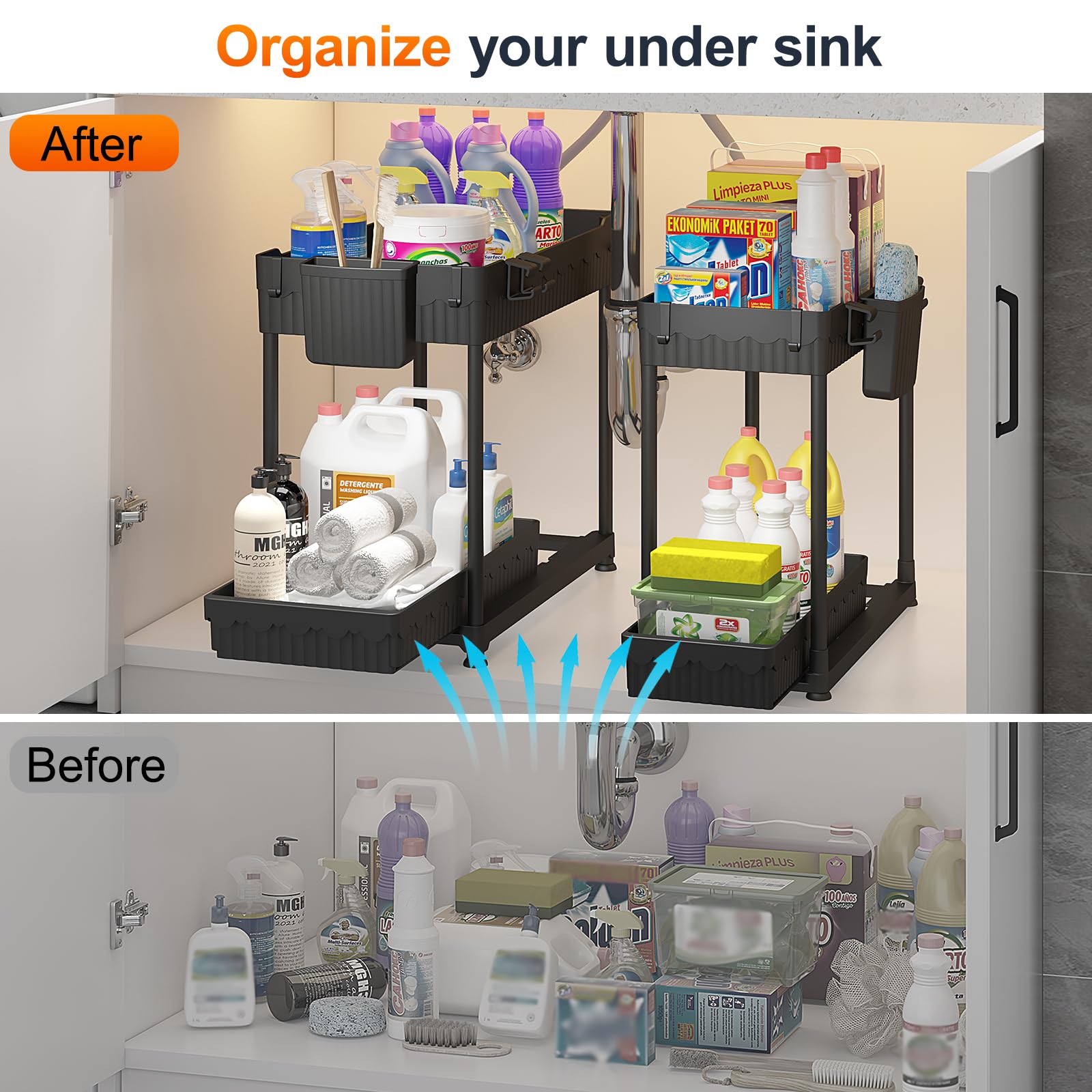 4 Pack Under Sink Organizer, Bathroom Organizers and Storage, 2 Tier Multi-Use Pull Out Cabinet Organizer with Hang Hooks and Cups (Black, 4 Pack)