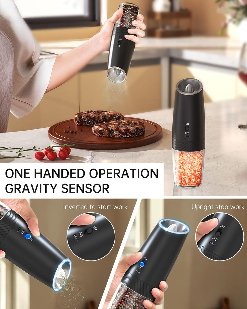 CIRCLE JOY Rechargeable Salt and Pepper Grinder Set Gravity Electric Salt and Pepper Grinder Set, LED Light, Adjustable Coarseness, for Home Kitchen BBQ, Black & White