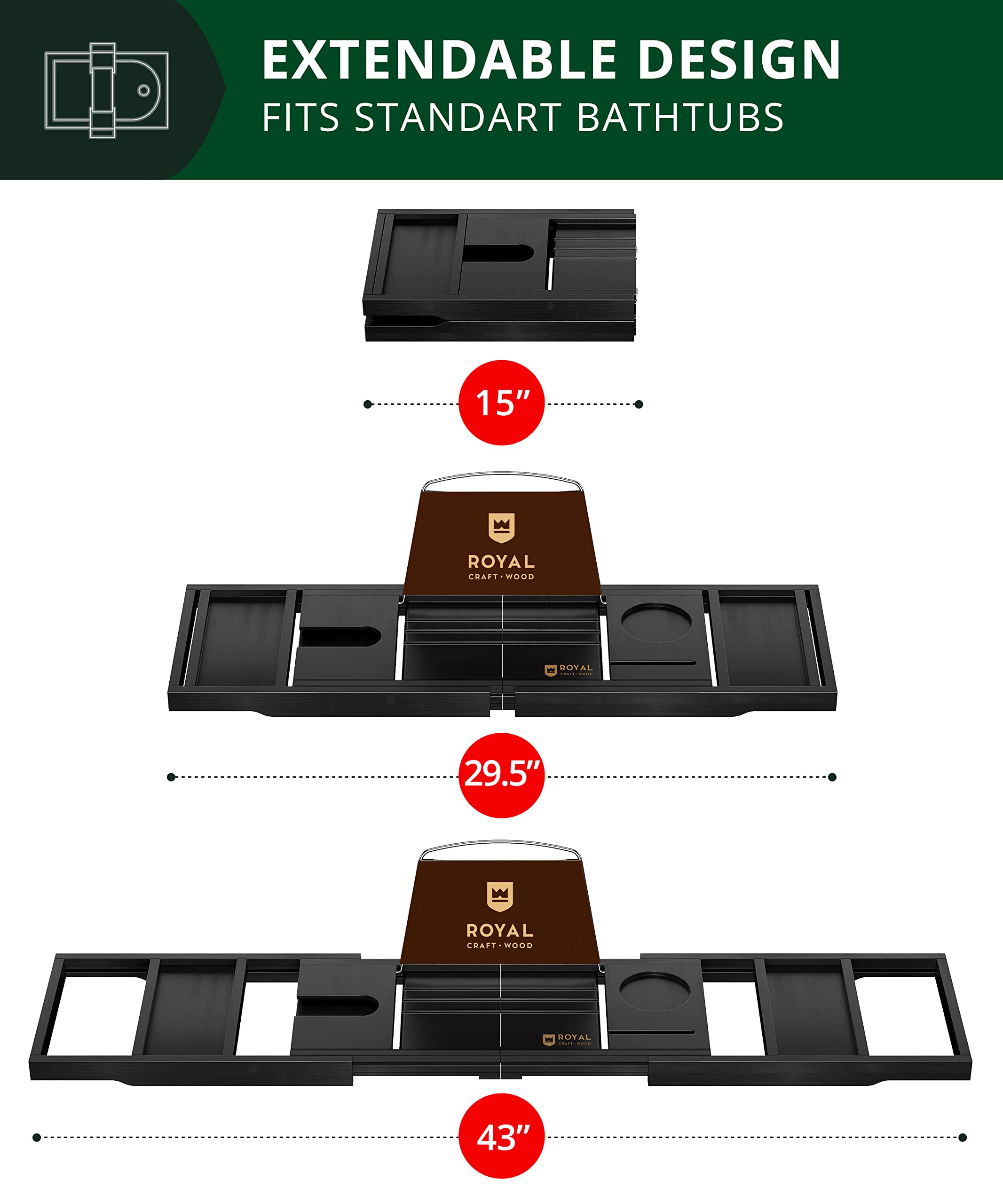 ROYAL CRAFT WOOD Premium Foldable Bathtub Tray Caddy - Wood Bath Tray for Tub, Bamboo Shelf, Expandable Bath Table Trays, Bathtub & Bathroom Accessories for New Home & Mothers, Birthday Gifts for Mom