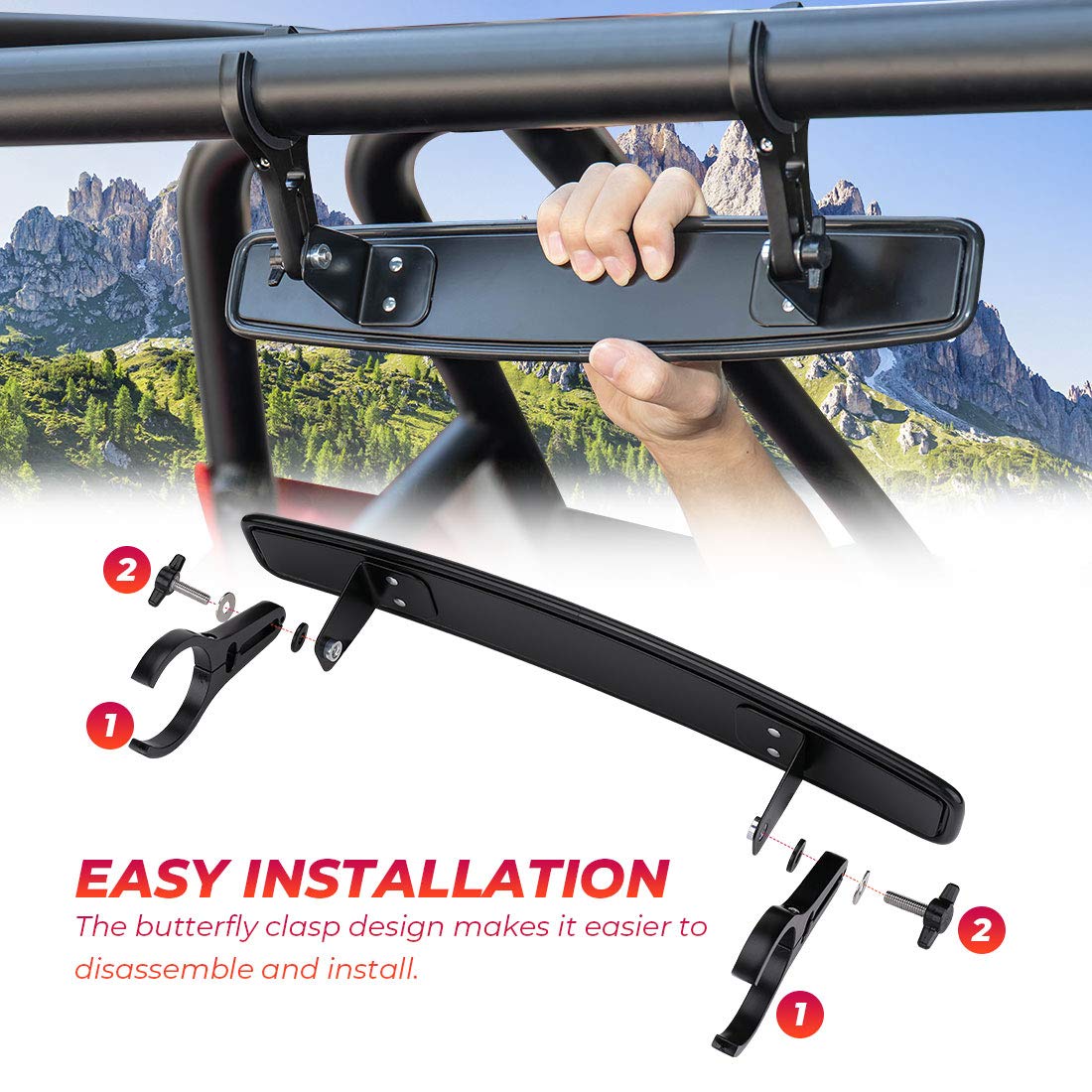KEMIMOTO UTV Rearview Mirror, 15" UTV Race Convex Center Mirror with 3/4 1.75" or 2" Clamps Compatible with Polaris RZR PRO XP R, Pioneer,Can-Am Commander Maverick, 1000R 1000X