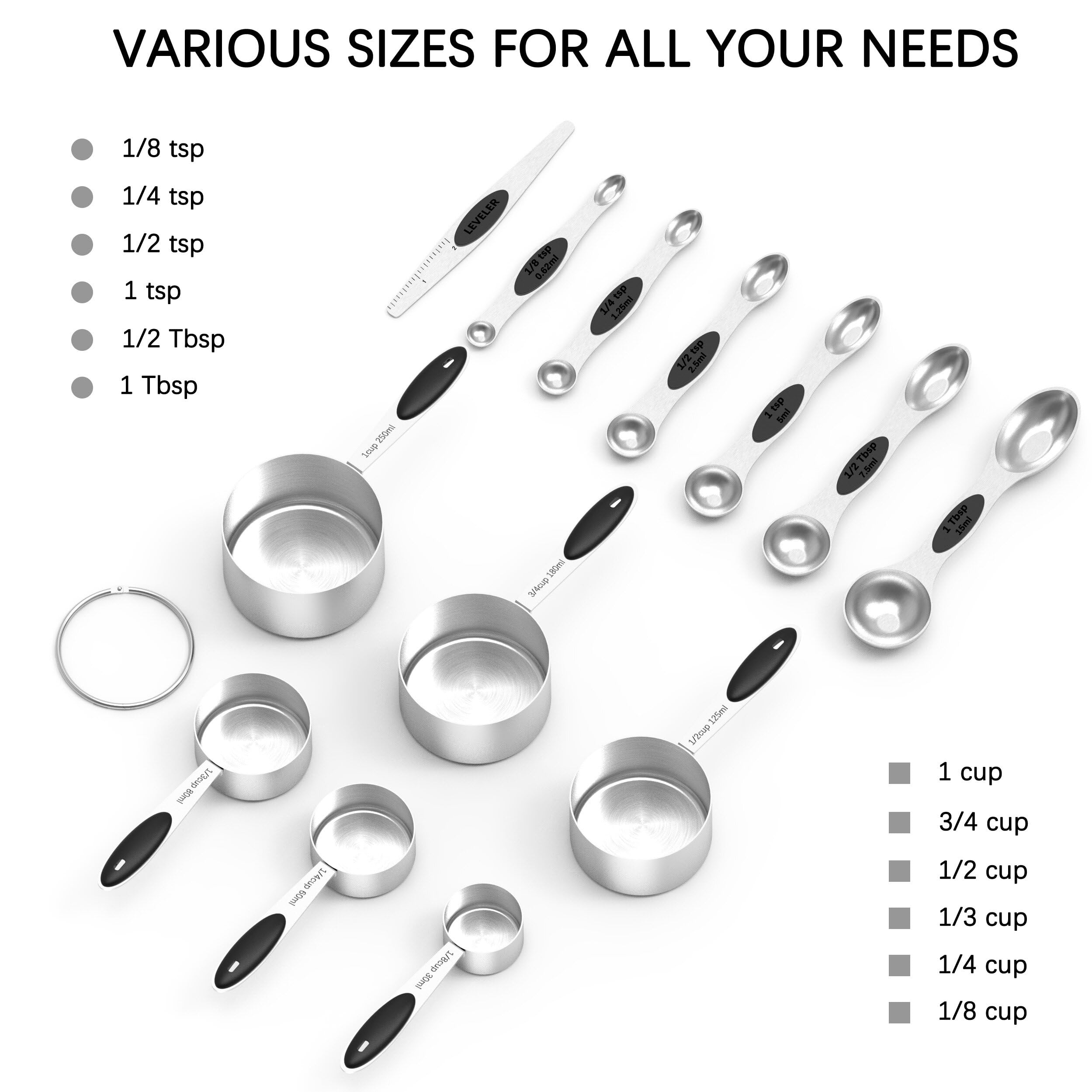 TILUCK measuring cups and magnetic measuring spoons set, stainless steel measuring cups, 6 double-sided stainless steel measuring spoons & 1 leveler (12)