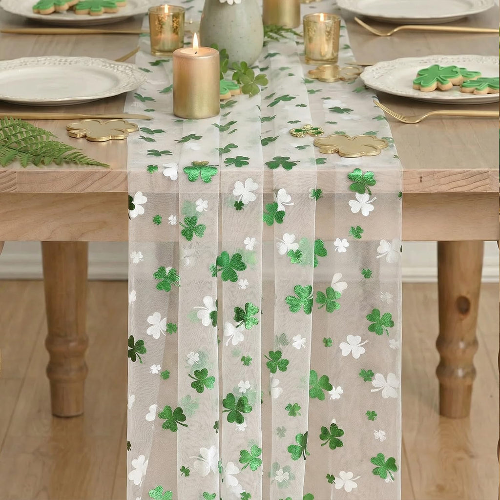 Artoid Mode Gauze Green Shamrocks St.Patrick's Day Table Runner 120 Inch 10FT,Seasonal Sheer Dining Holiday Baby Shower Table Decor for Home Party