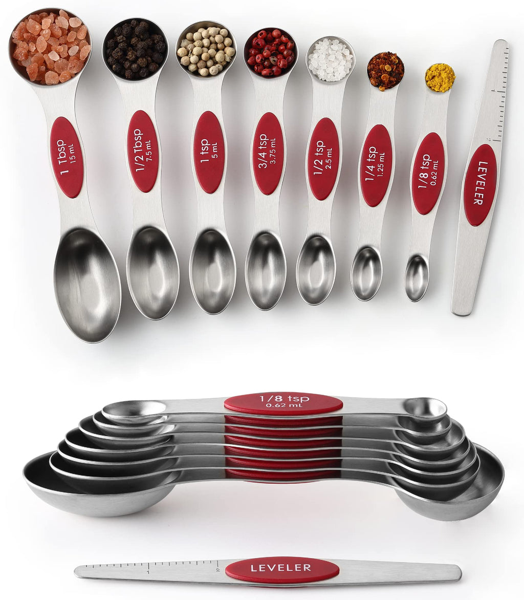 Spring Chef Stainless Steel Magnetic Measuring Spoons Set with Strong N45 Magnets, Heavy Duty Metal Kitchen Gadgets for Baking & Cooking, Fits in Most Kitchen Spice Jars, Set of 8 with Leveler, Black